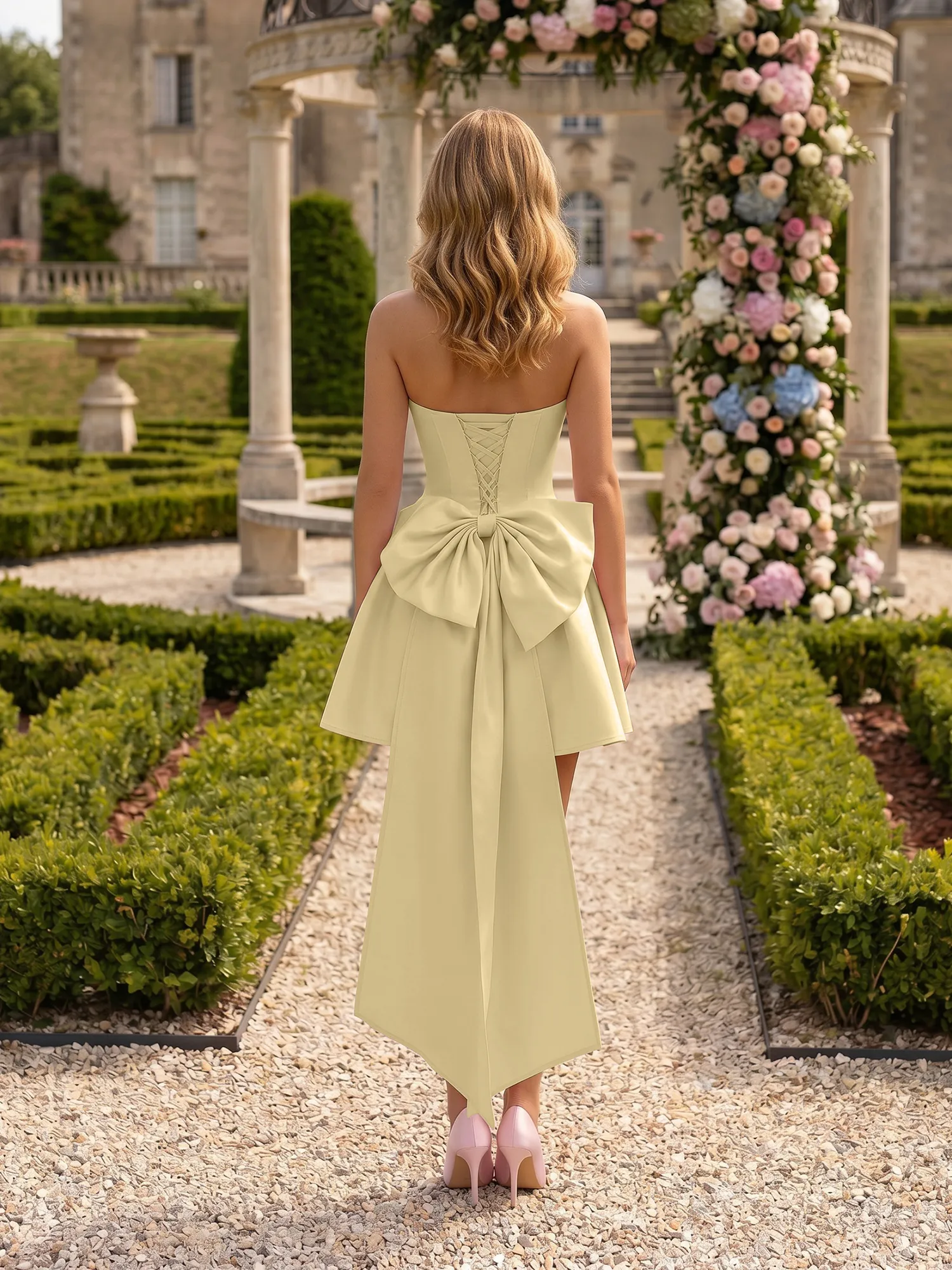 Strapless Draped Satin High-Low Homecoming Dress with Oversized Bow Back