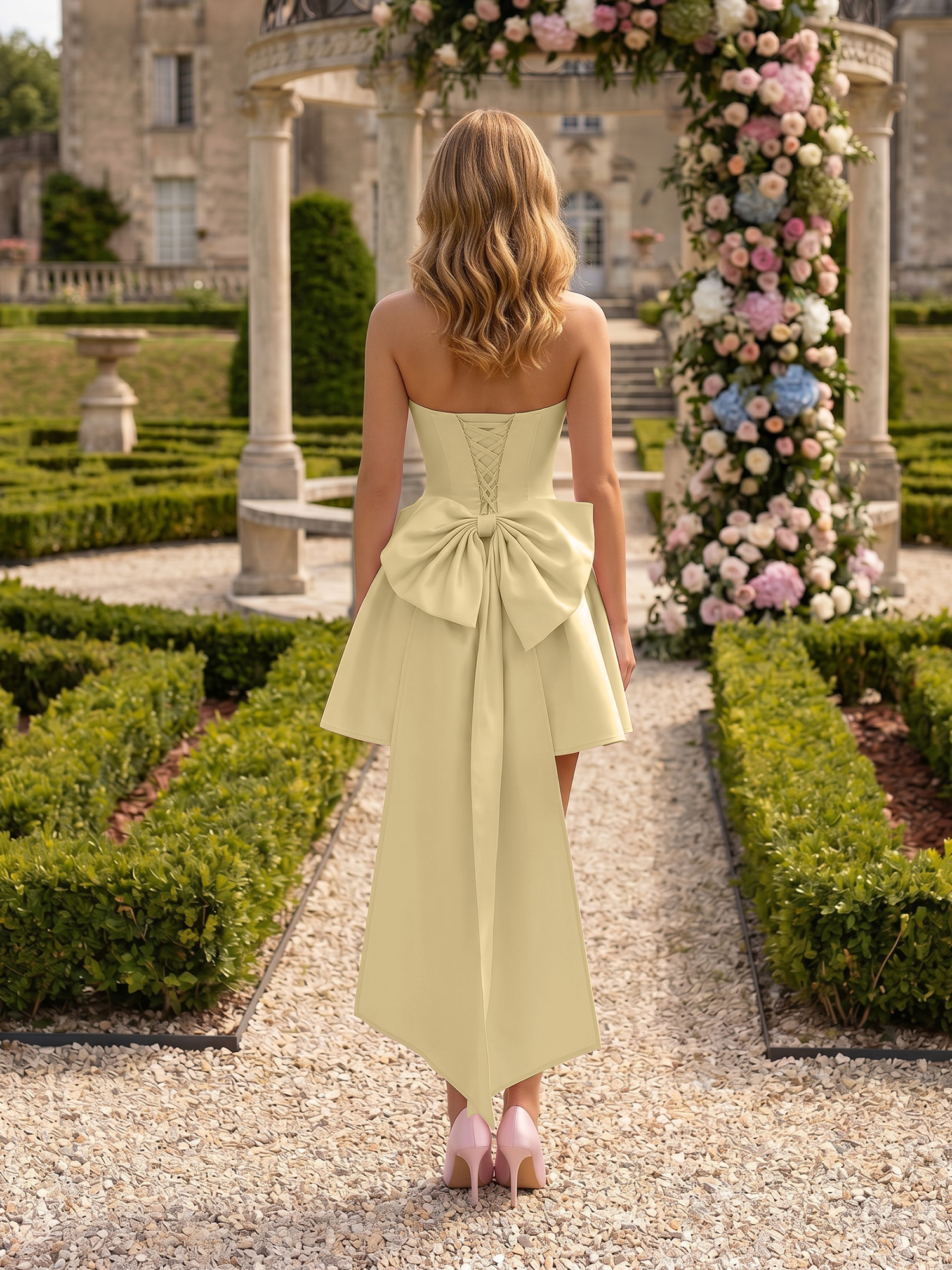 Blush Pink Strapless High-Low Satin Homecoming Mini Dress