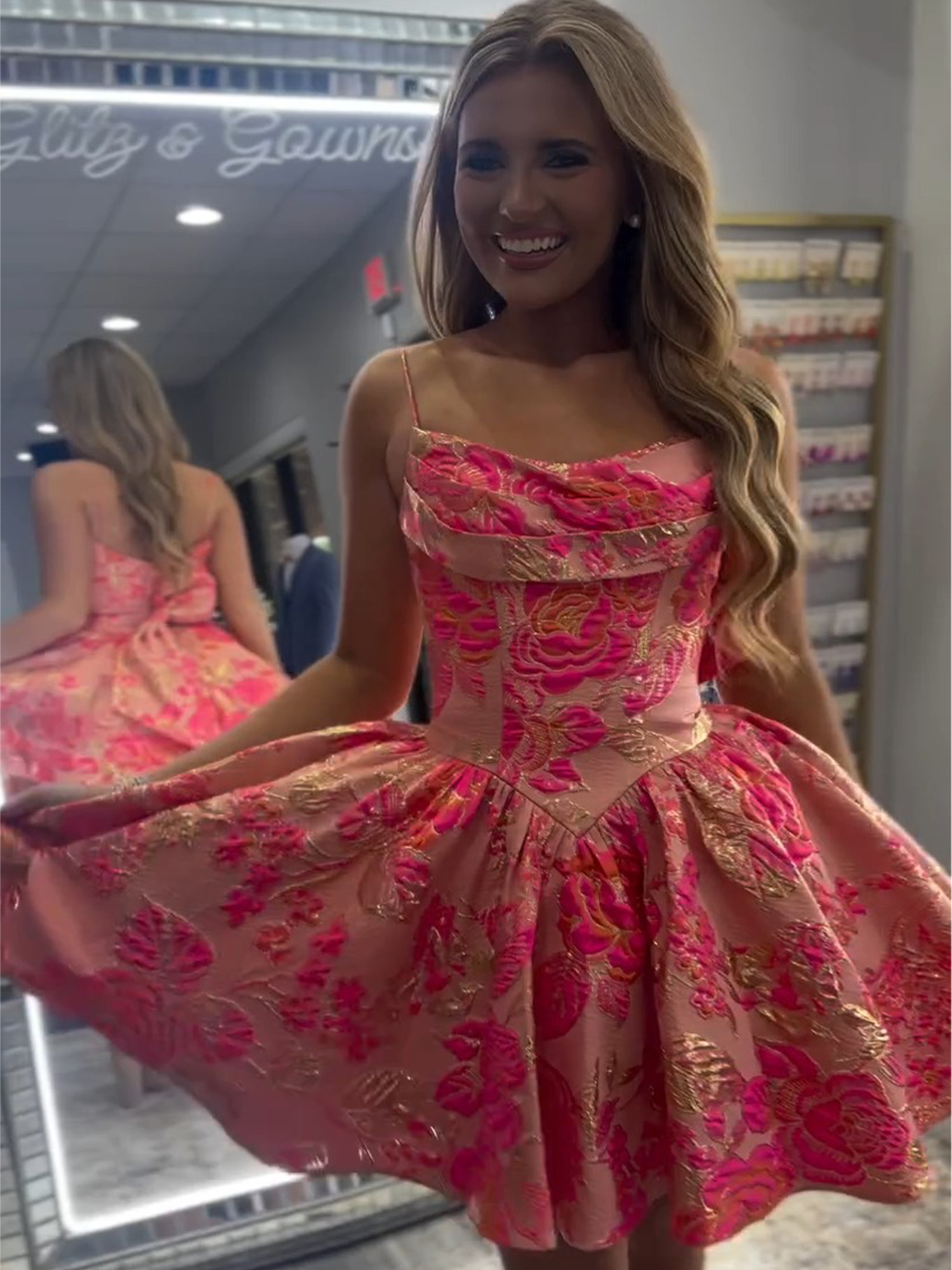 Fuchsia Floral Jacquard Spaghetti Strap Homecoming Dress with Bow