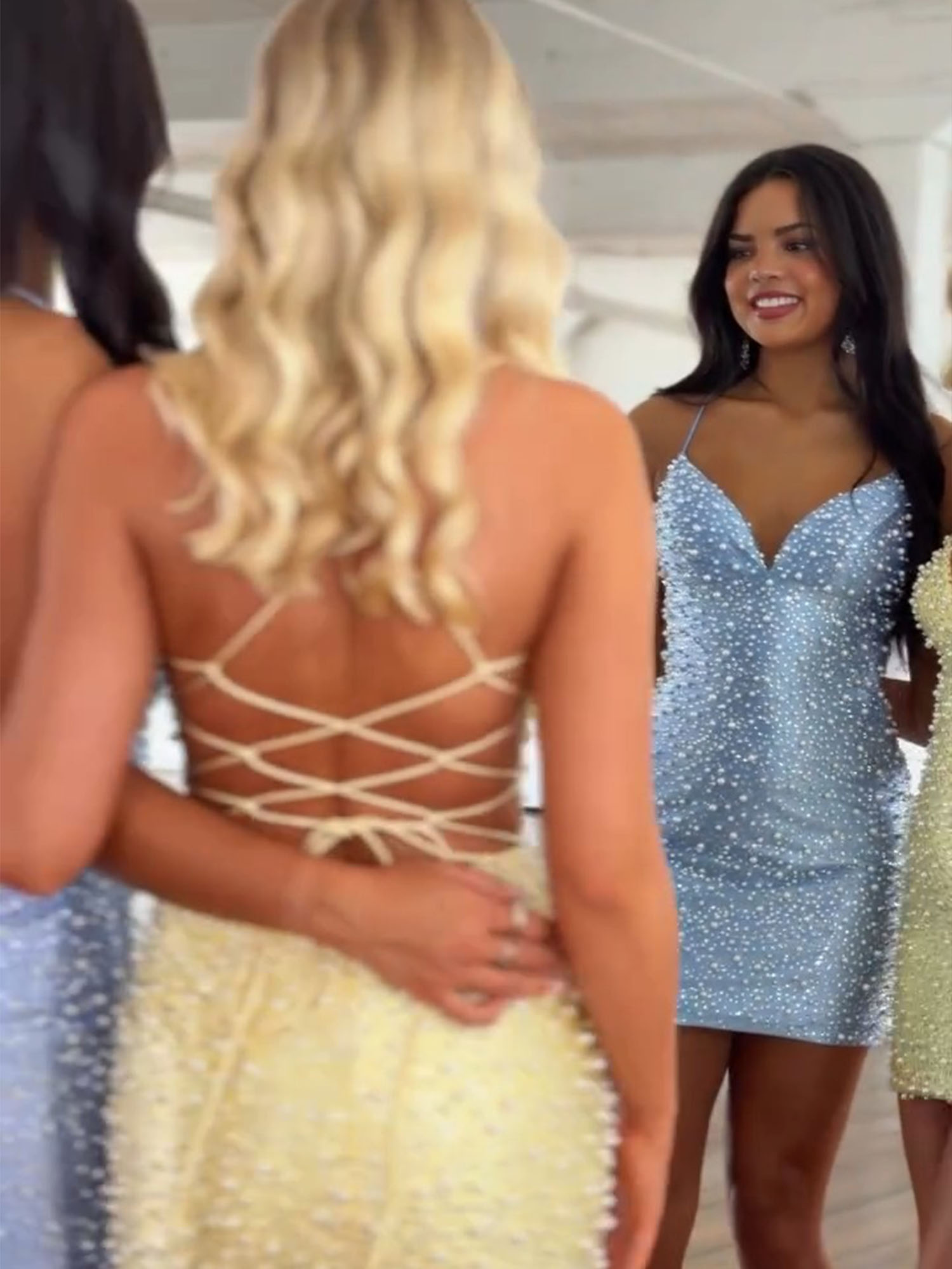 Deep V Beaded Crisscross Back Homecoming Dress