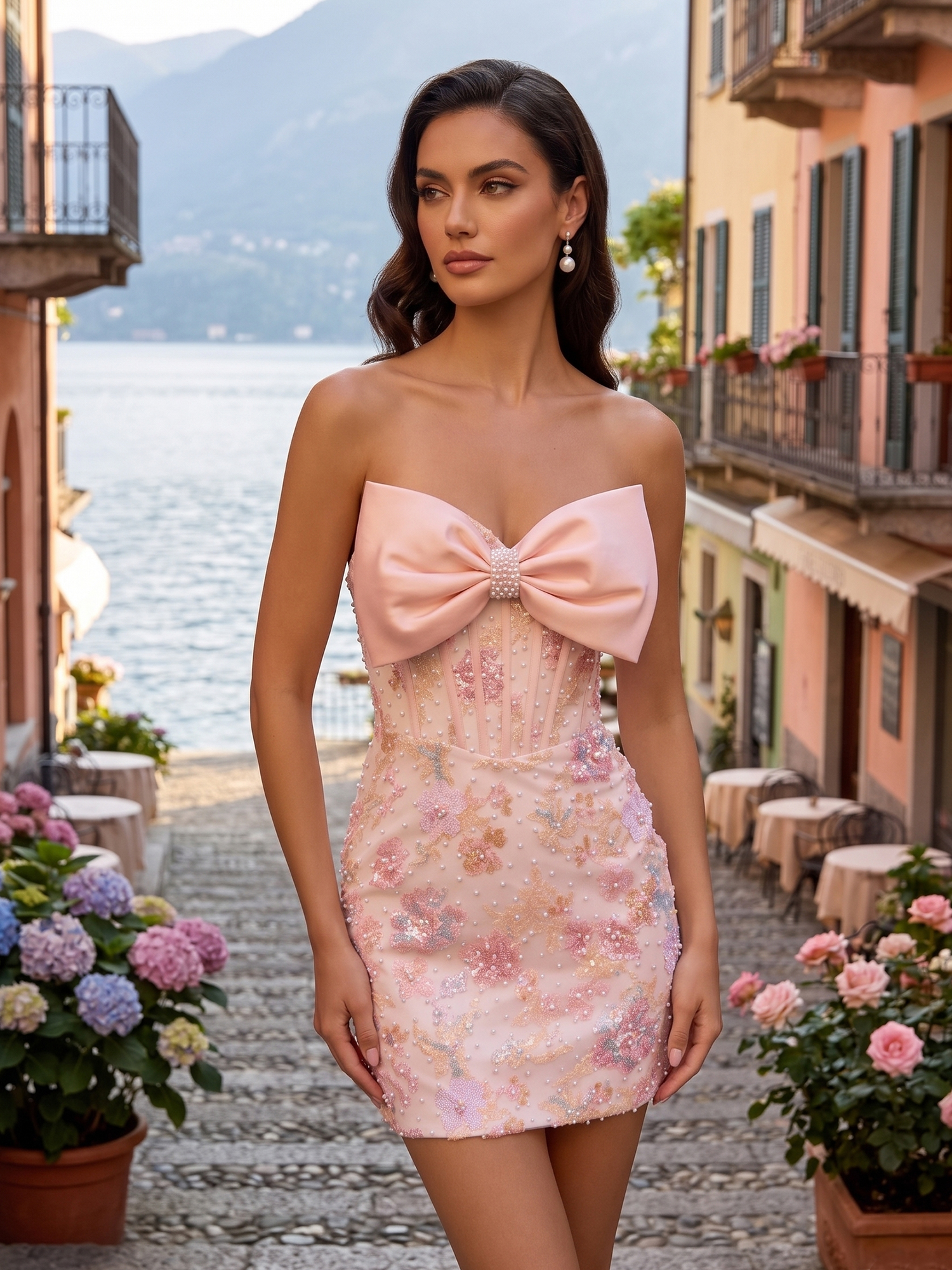 Pink Whimsical Pearl-Embellished Bow strapless Homecoming Dress
