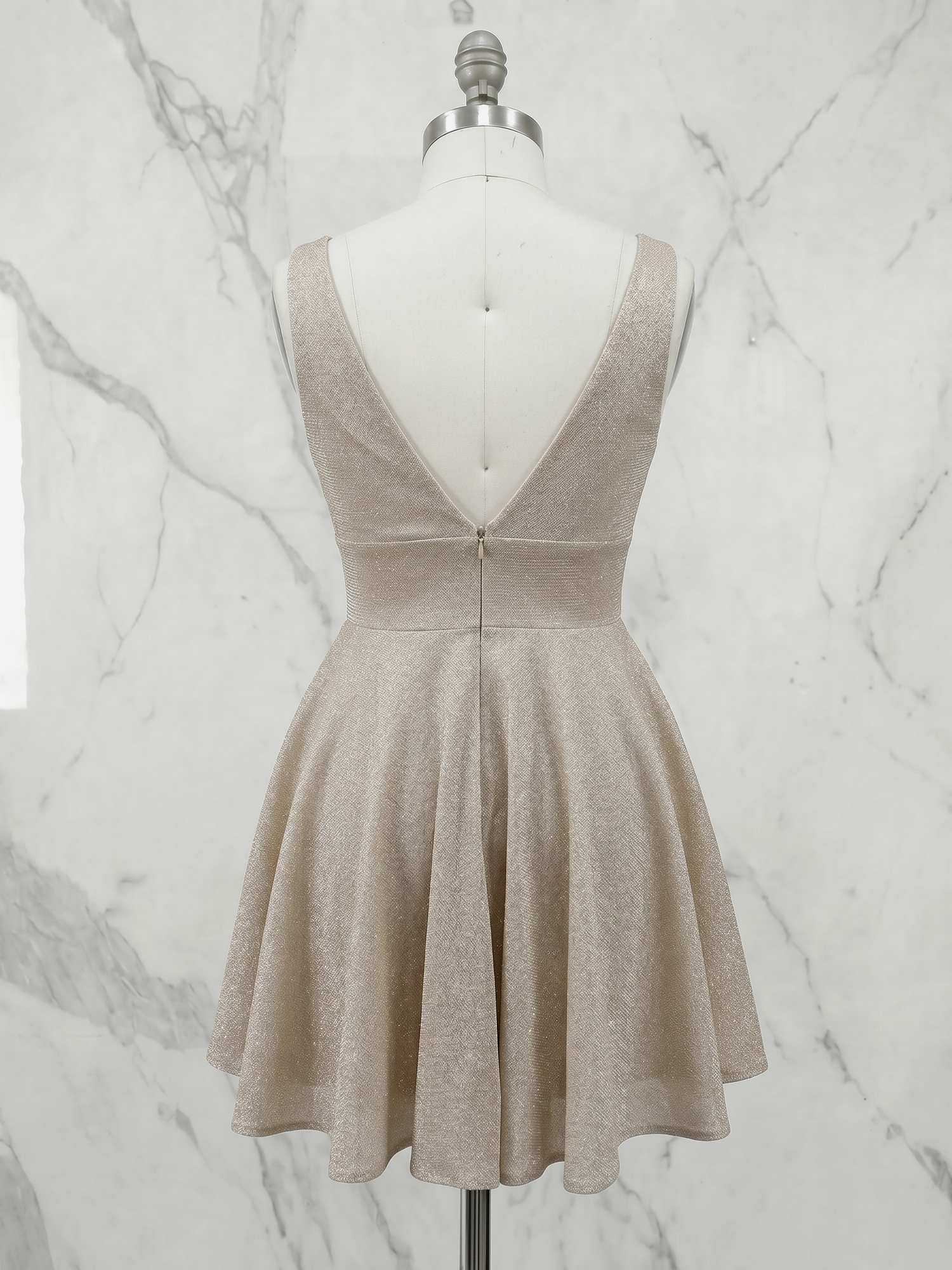 Luminous Champagne Metallic Deep V-Neck A-Line Skater Homecoming Dress 