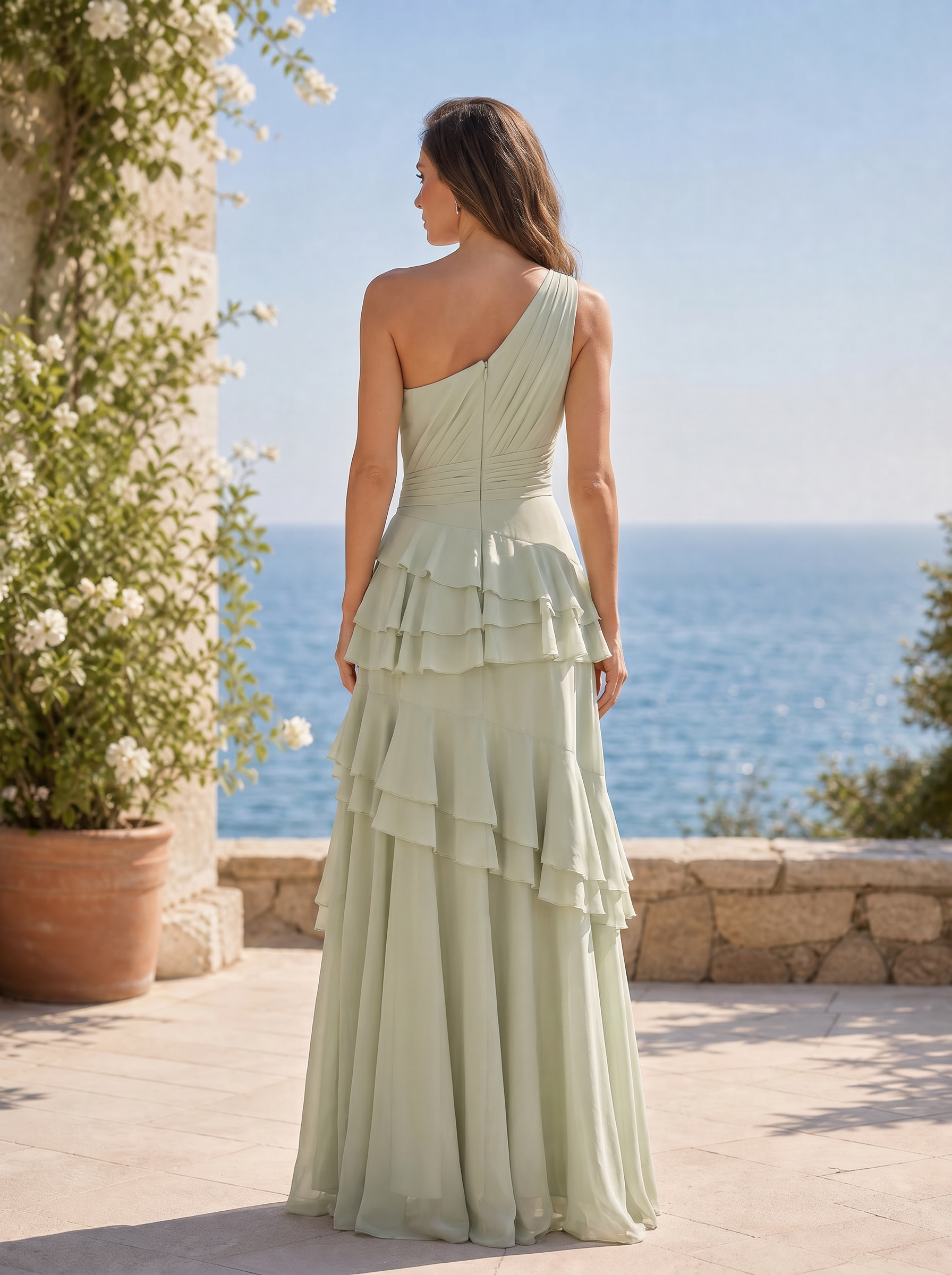 Serene Sage Tiered Chiffon One Shoulder A-Line Evening Dress With Slit