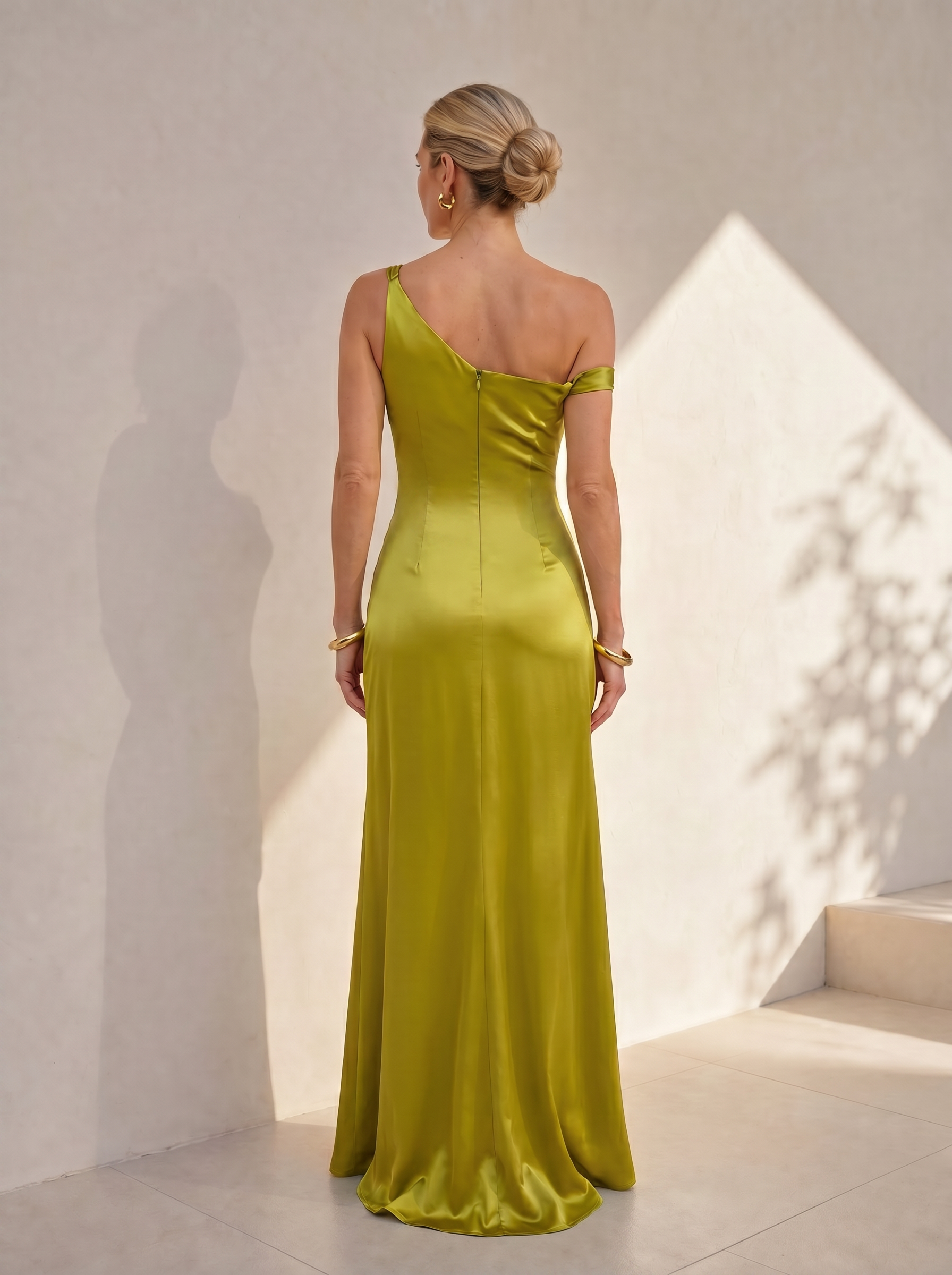 Radiant Chartreuse Satin One-Shoulder Column Formal Evening Dress 