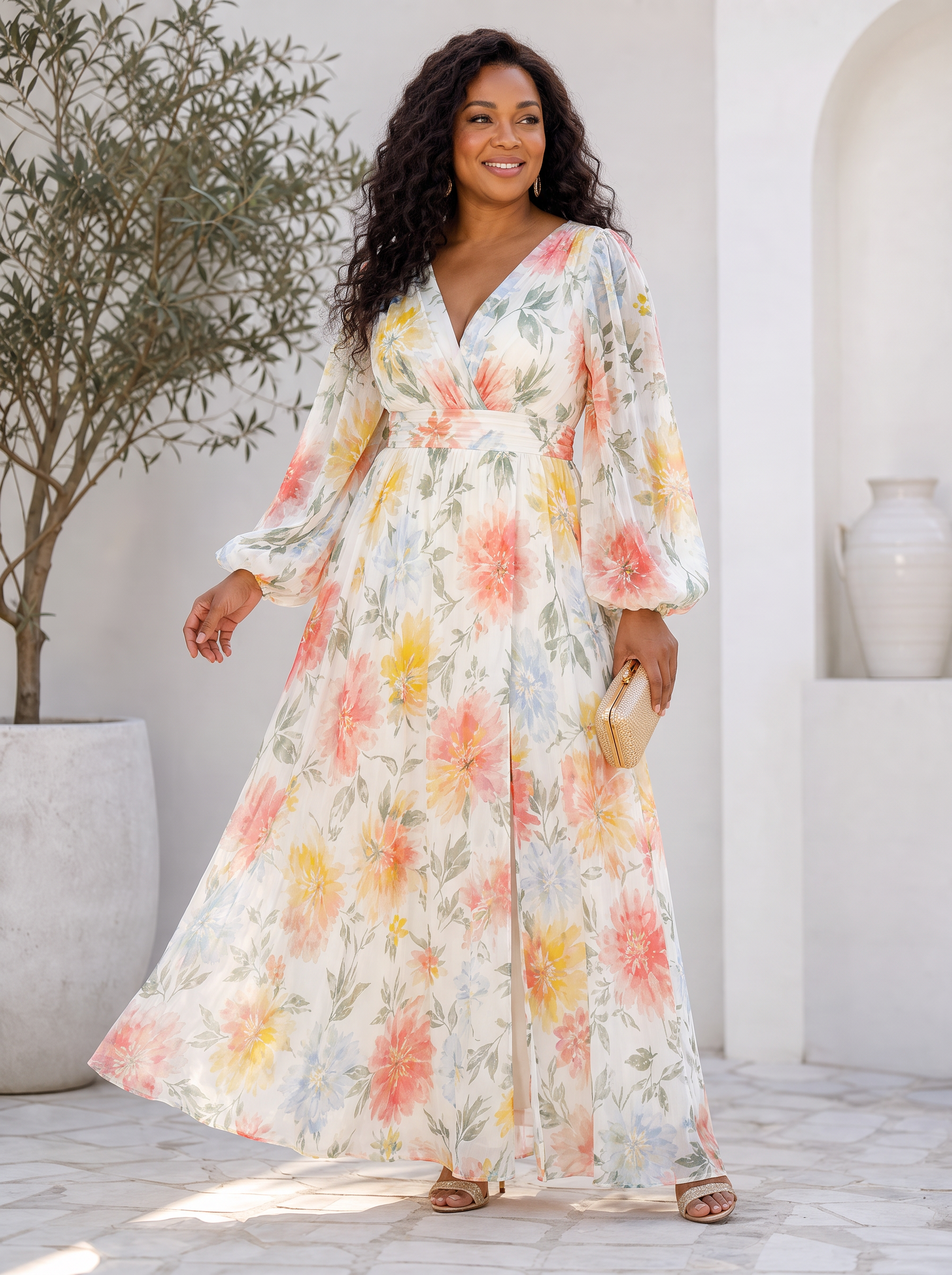  Ivory Floral Chiffon Long-Sleeve V-Neck A-Line Formal Evening Dress