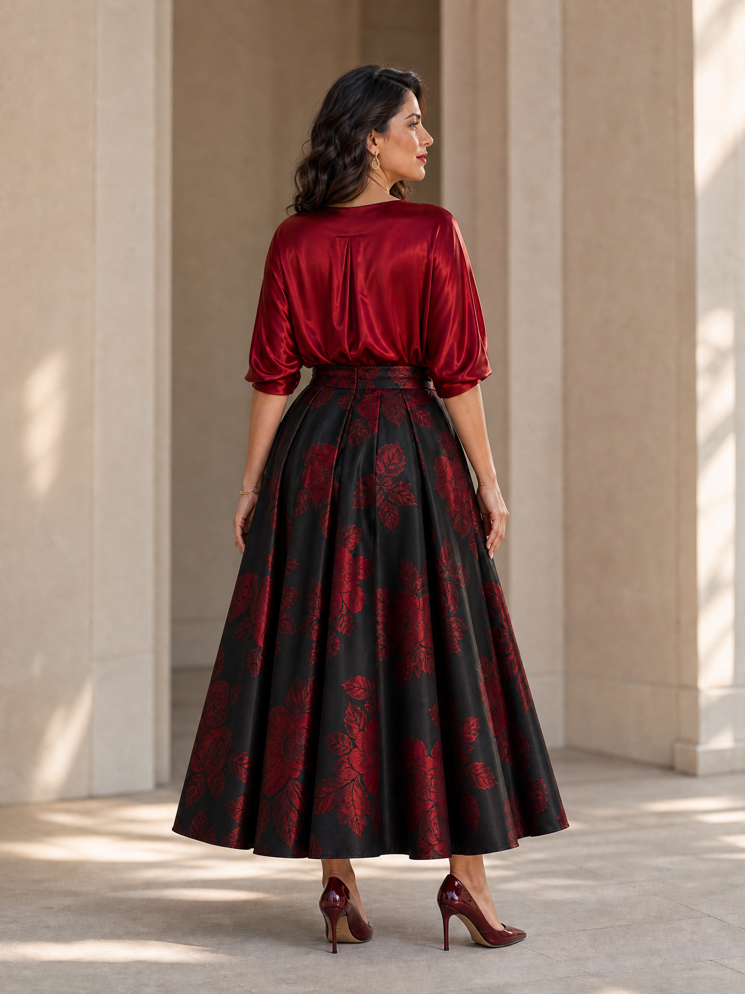Crimson Black Floral Two-Piece Effect V-Neck Satin Midi Evening Gown Dress 