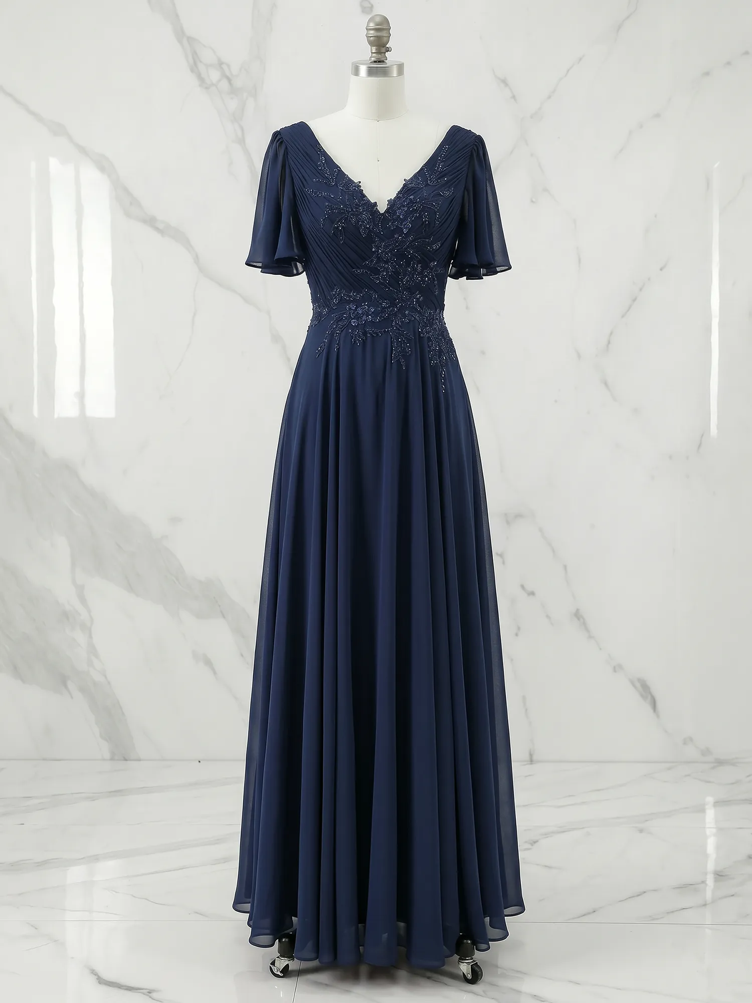 Navy Blue V-Neck Flutter Sleeve Beaded Chiffon Mother of the Bride Gown