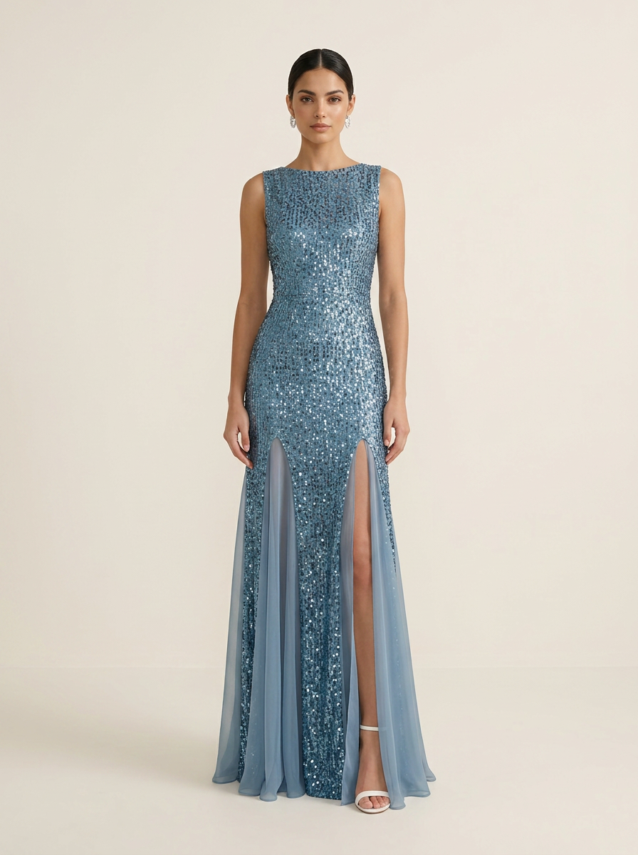 Luminous Steel Blue Sequin Slit Sheath Formal Evening Dress 
