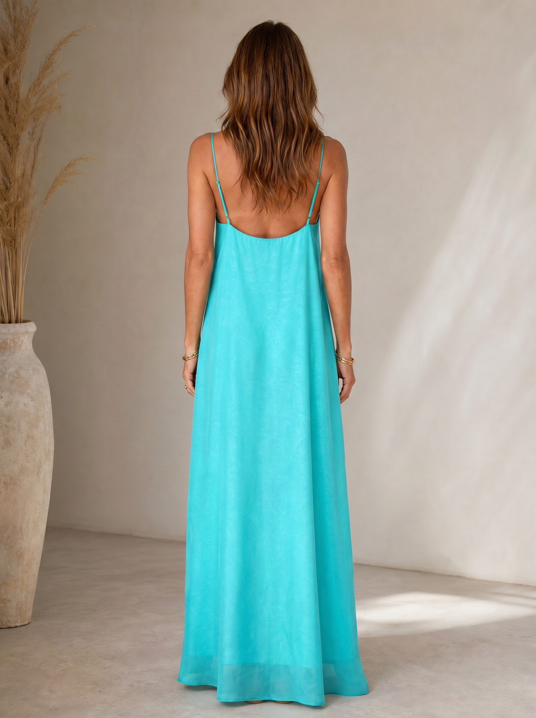 Vibrant Turquoise Effortless Maxi Slip Spaghetti Straps Formal Evening Dress