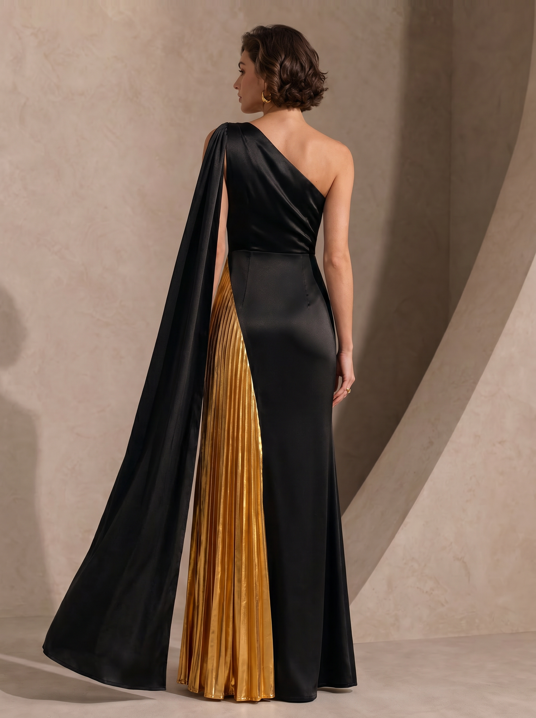Midnight & Gold Metallic Pleated Column One-Shoulder Column Formal Evening Dress 