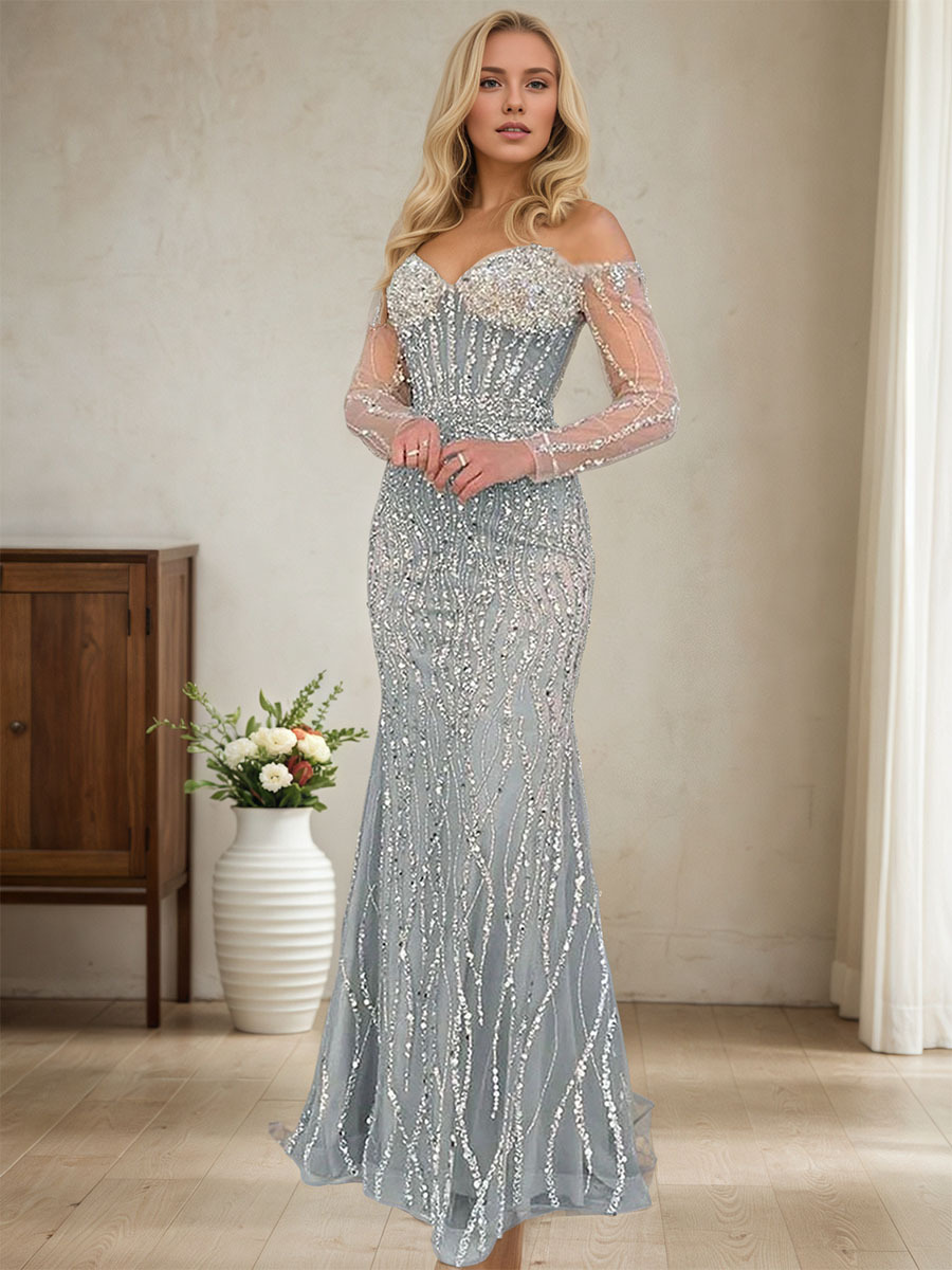 Champagne Crystal Embellished Off-the-Shoulder Mermaid Evening Gown
