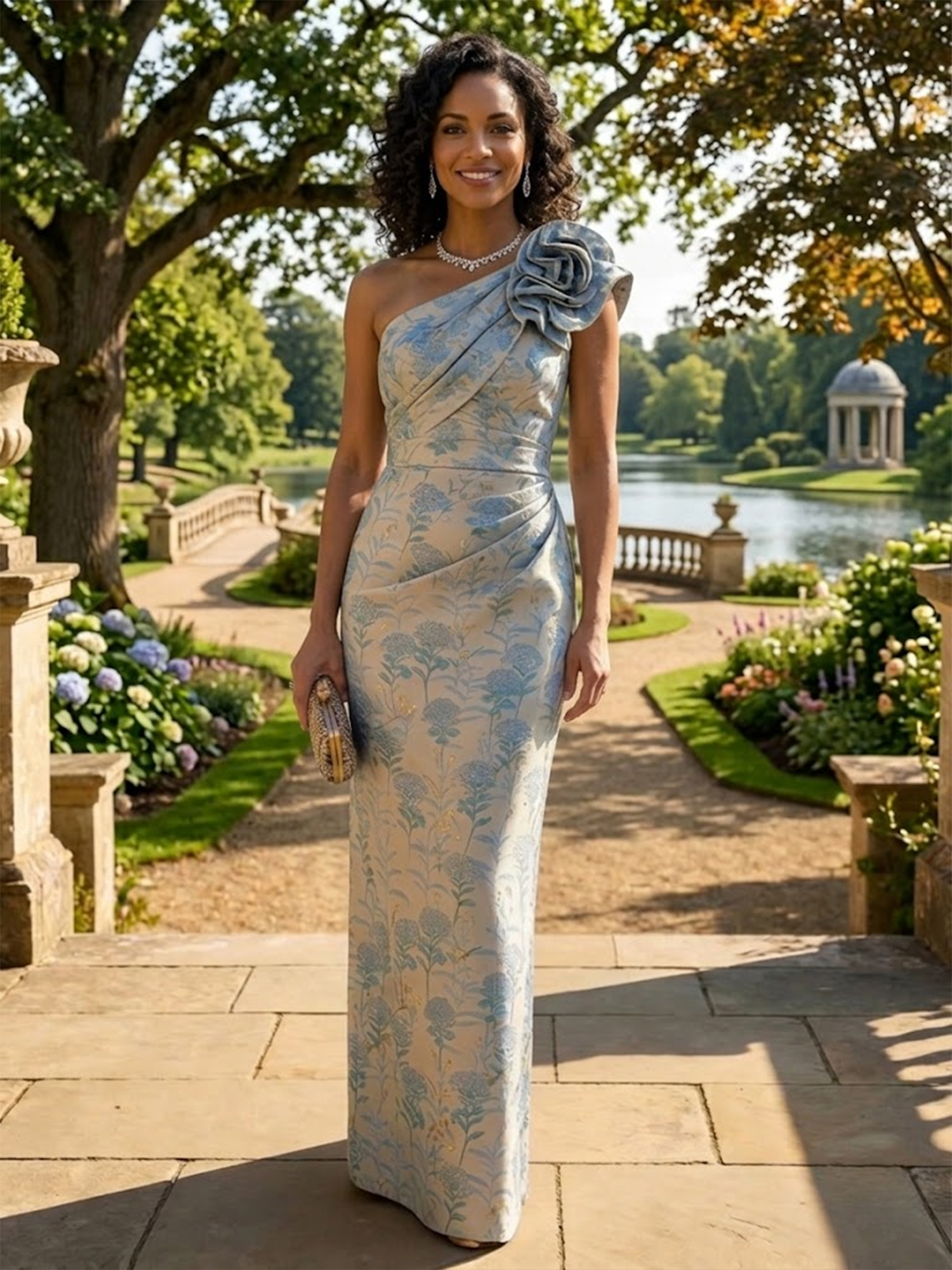 Blue One Shoulder Floor-Length Mother of the Bride Dresses with Flower 