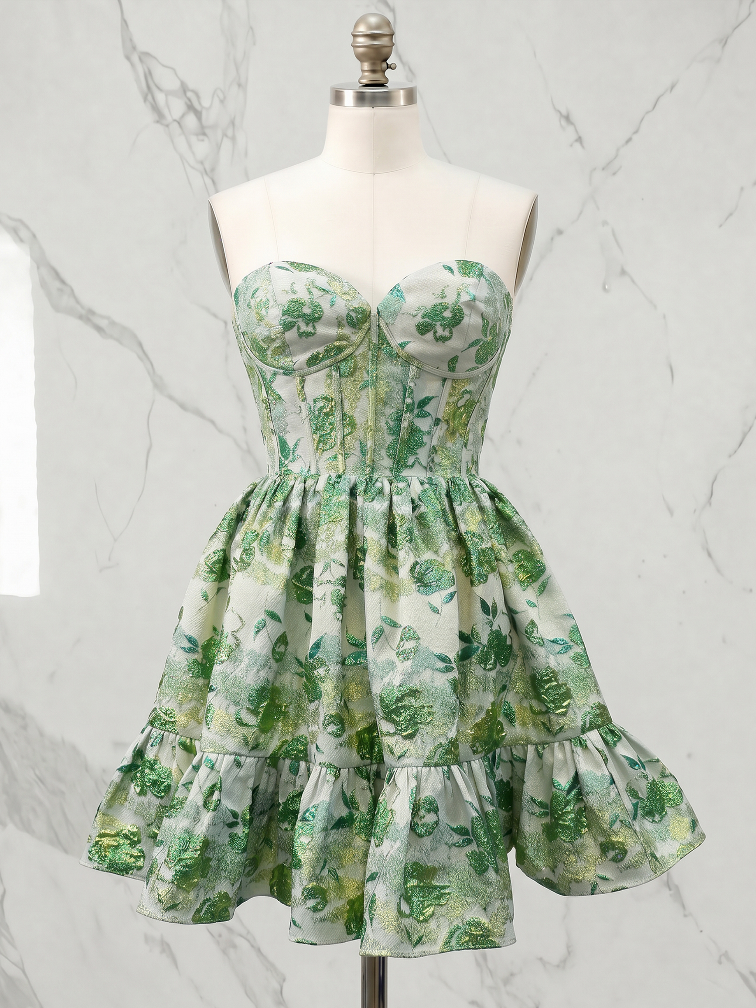 Verdant Bloom Metallic Jacquard Corset Mini Dress Homecoming Dress