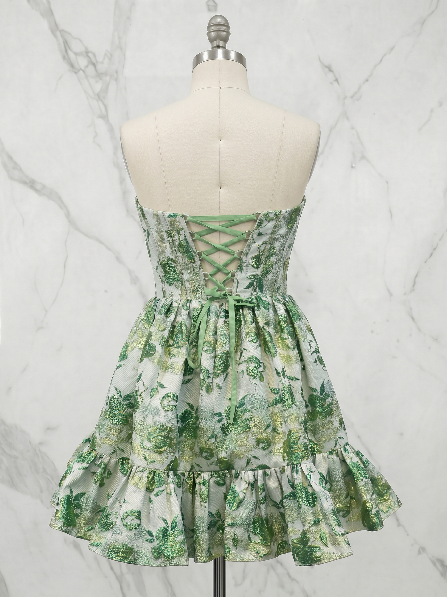Verdant Bloom Metallic Jacquard Corset Mini Dress Homecoming Dress