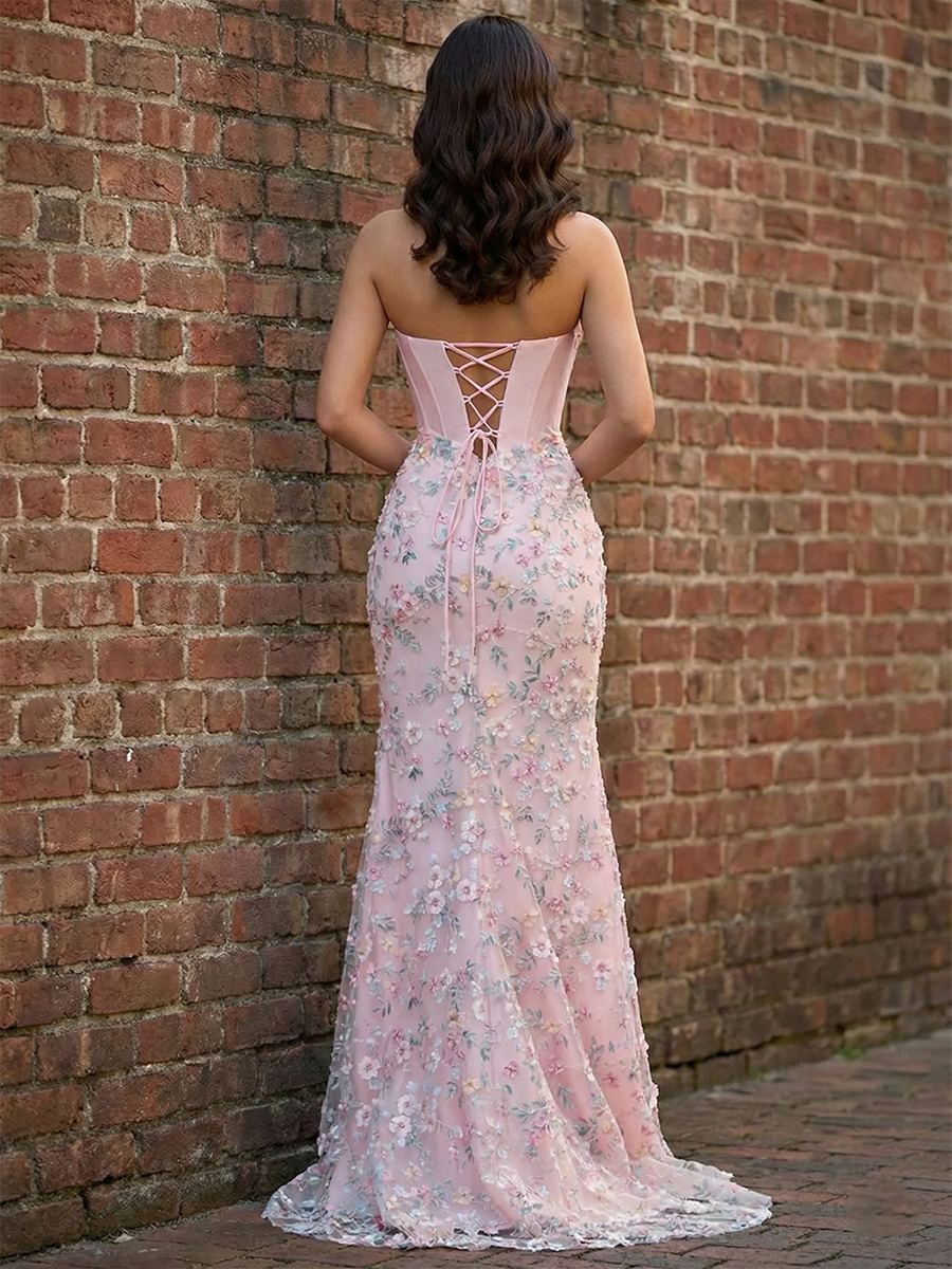  Romantic Blush Strapless Evening Gown with 3D Floral Embroidery & Lace-Up Bac