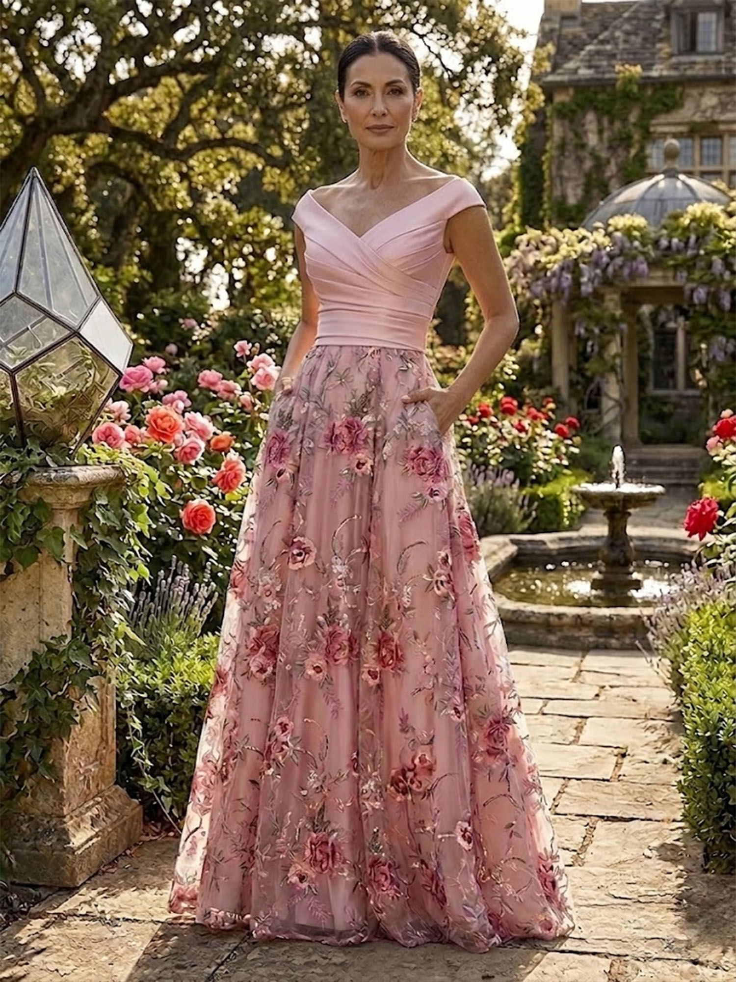 Blush A-Line Floor-Length Mother of the Bride & Groom Dresses with Ruched Satin Bodice