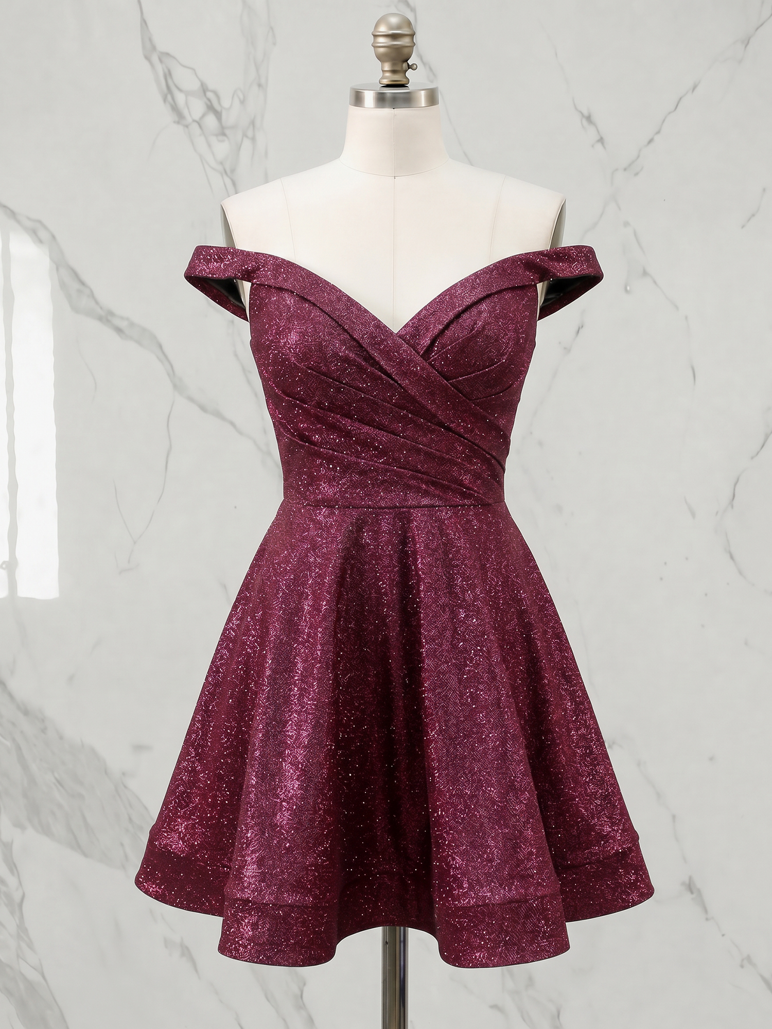 Radiant Magenta Shimmer Off-The-Shoulder Ruched Skater Homecoming Dress