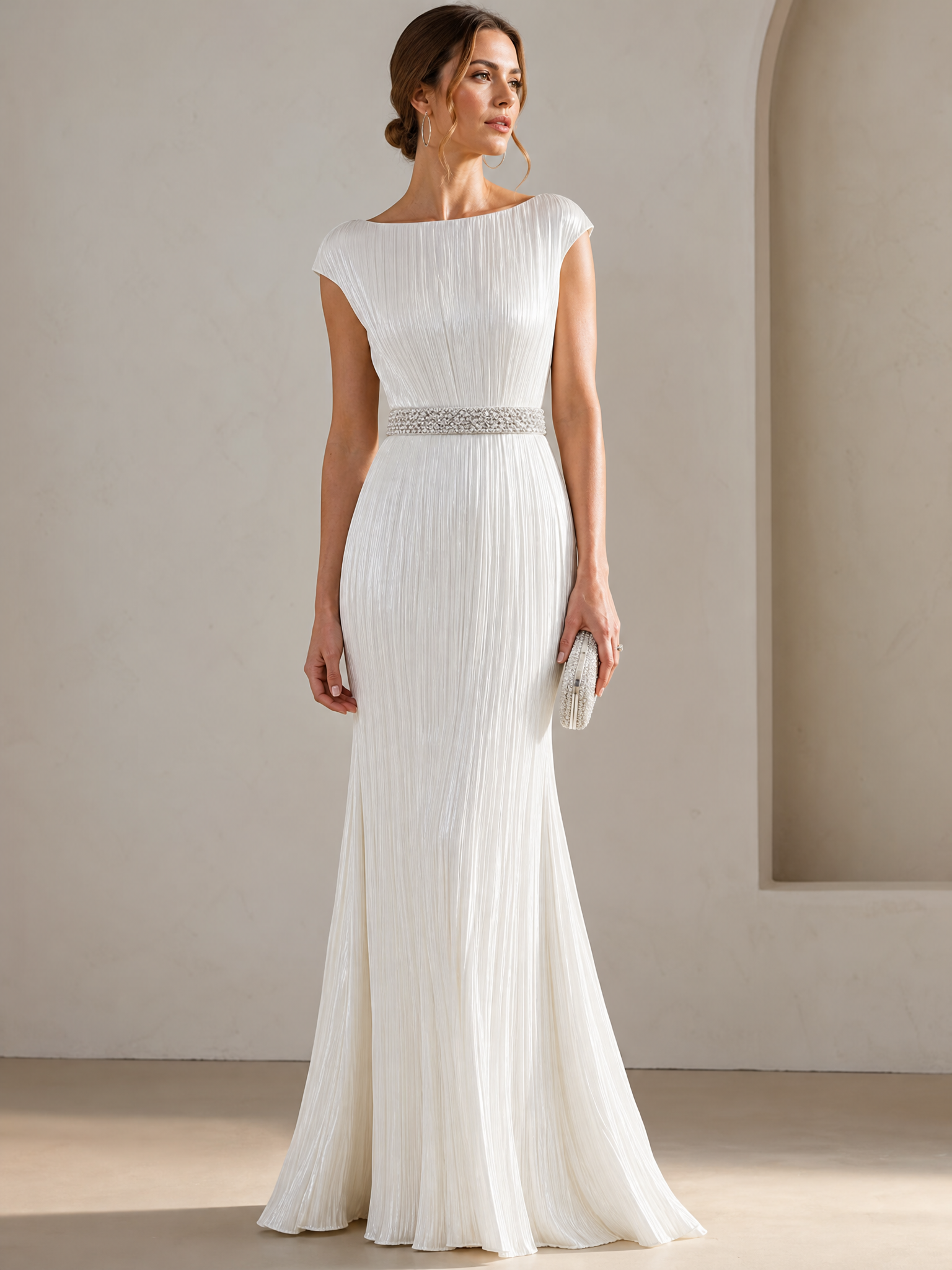Timeless Radiant White Pleated Column Formal Evening Dress