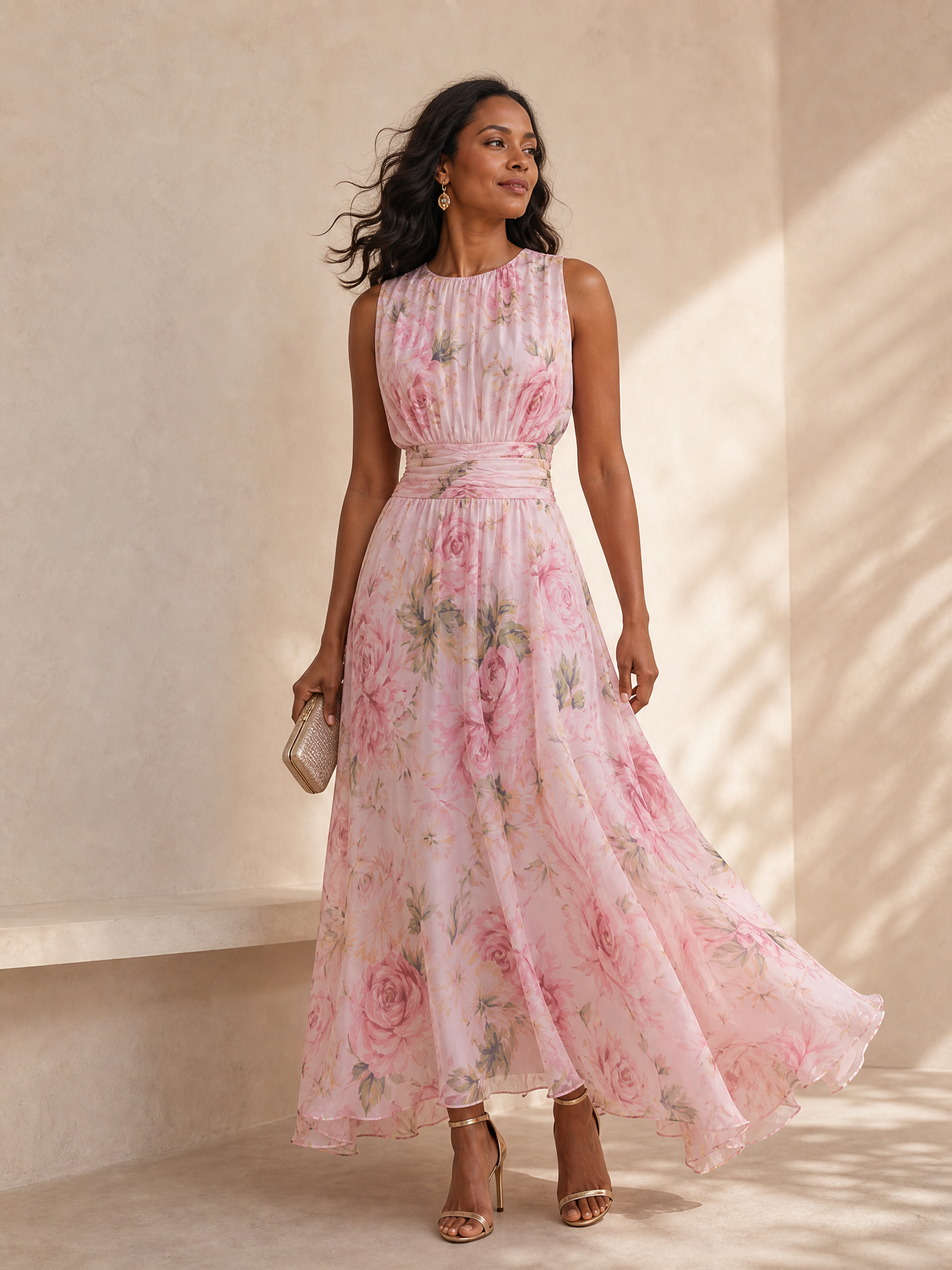 Luminous Pink Floral Chiffon Crew-Neck A-Line Formal Evening Dress