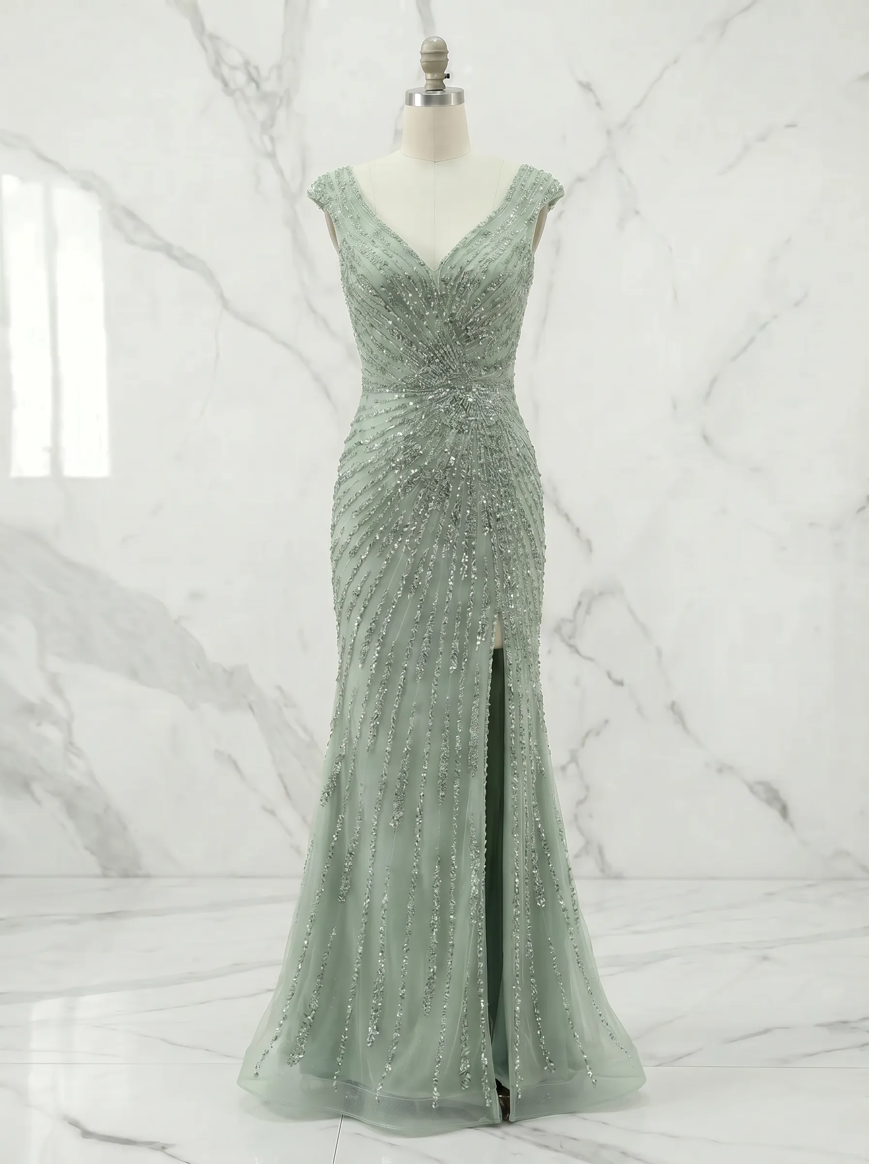 Off-the-Shoulder Beaded Mermaid Prom Gown with Front Slit