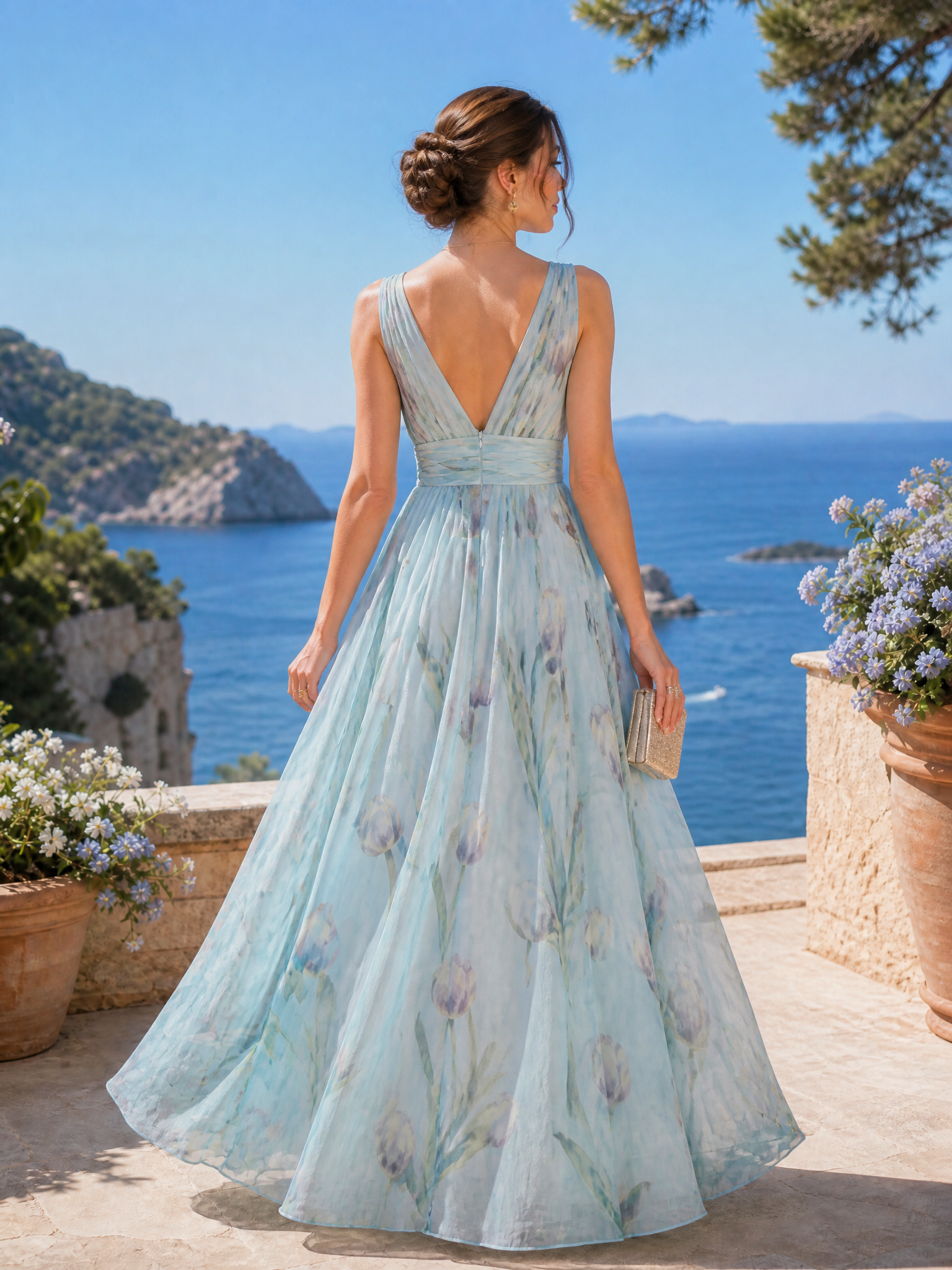 Ethereal Sky Blue Floral V-Neck A-Line Maxi Gown Dress