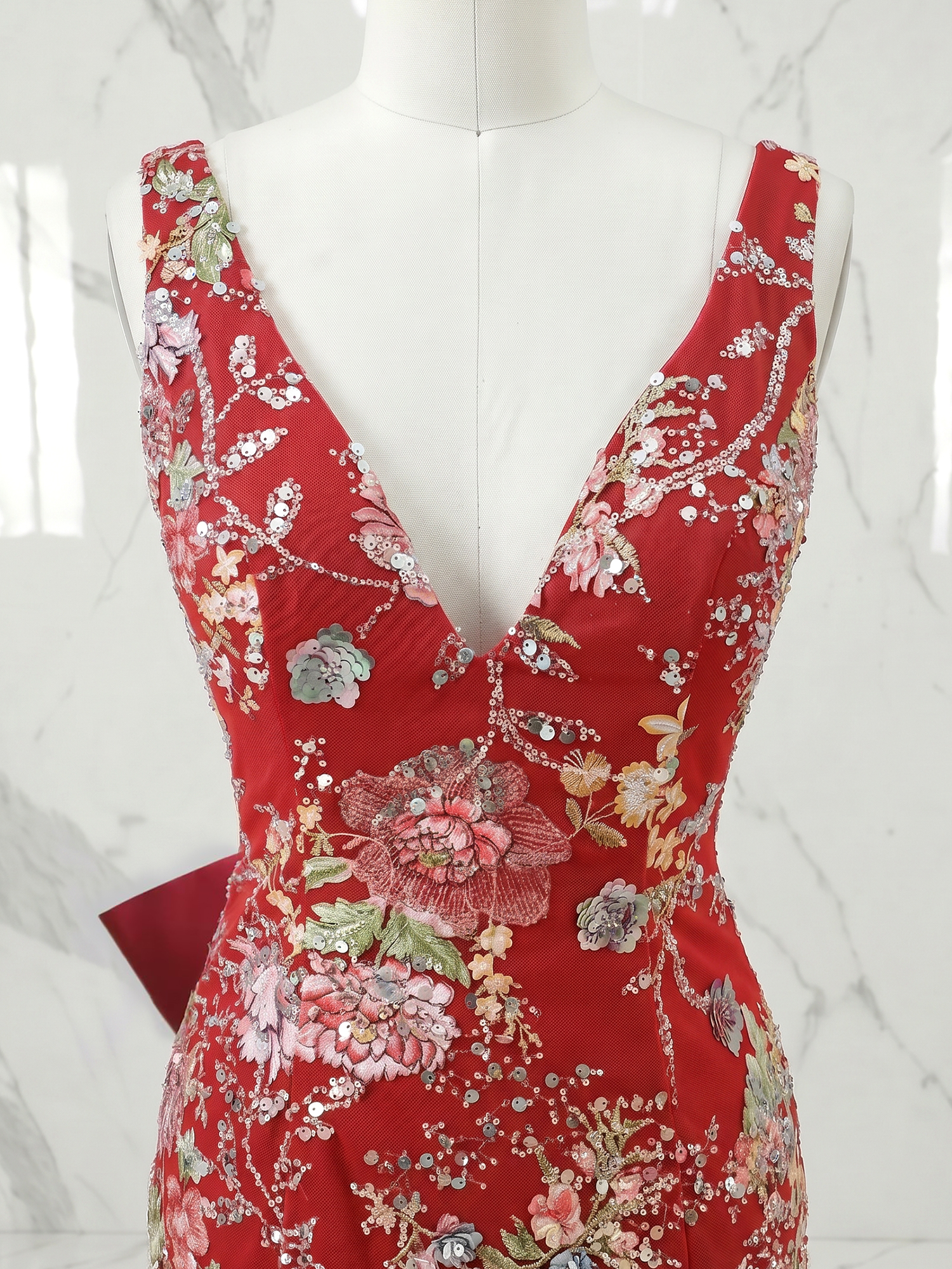 Floral Beaded Homecoming Dress with Oversized Pink Bow