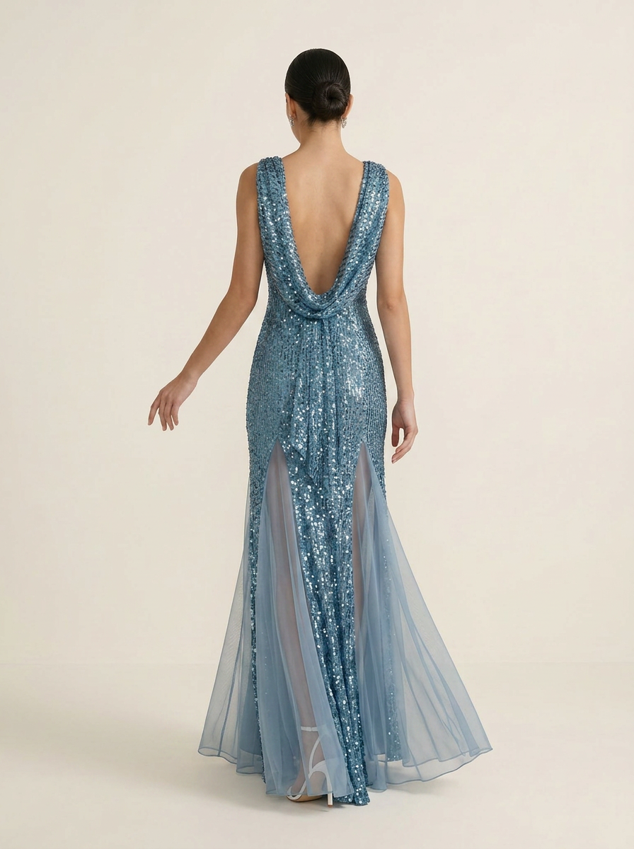 Luminous Steel Blue Sequin Slit Sheath Formal Evening Dress 