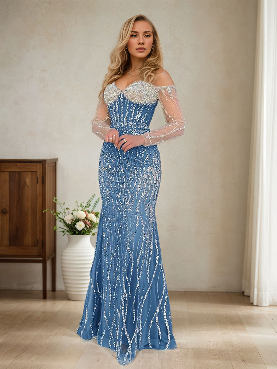 Champagne Crystal Embellished Off-the-Shoulder Mermaid Evening Gown