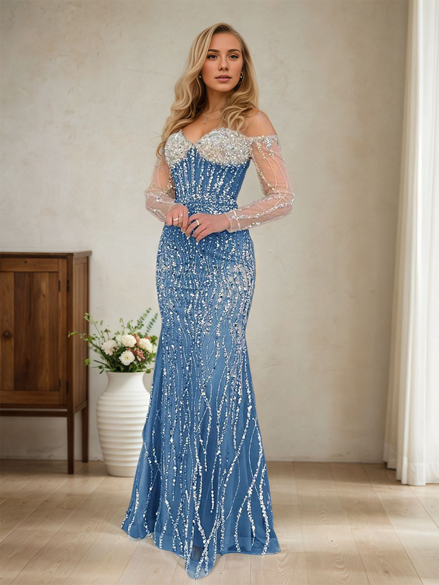 Champagne Crystal Embellished Off-the-Shoulder Mermaid Evening Gown