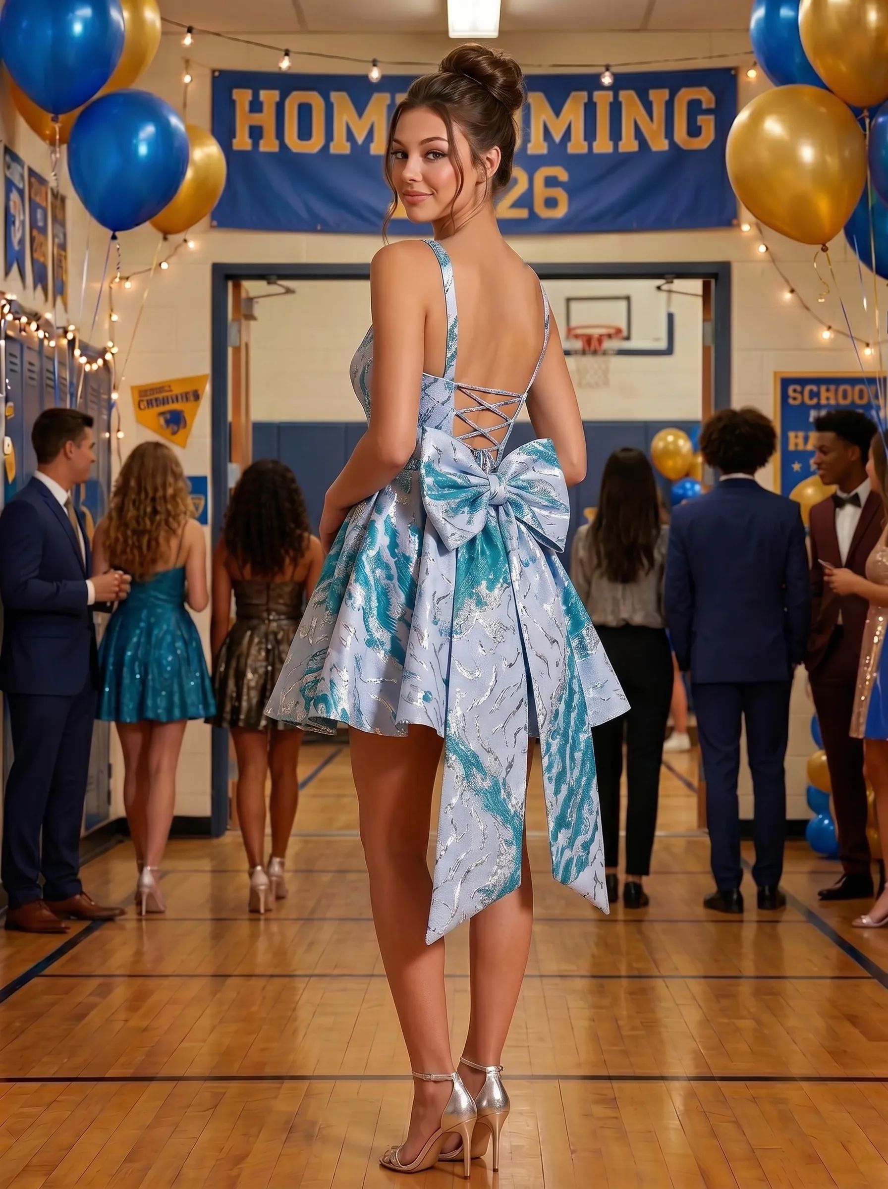 Square Neck Brocade Fit-and-Flare Homecoming Dress with Bow Back