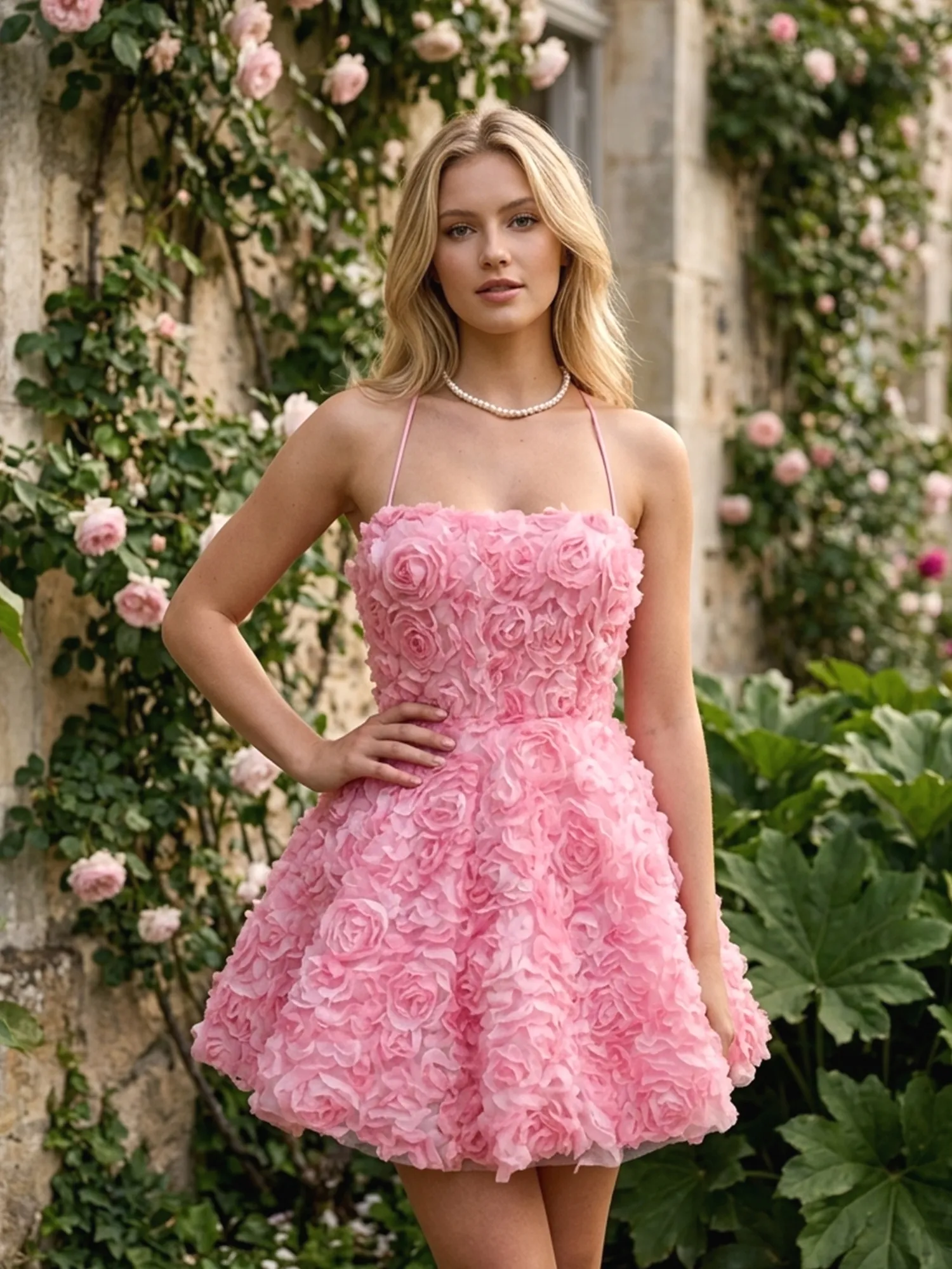 Strapless 3D Rose Floral A-Line Homecoming Dress with Lace-Up Back