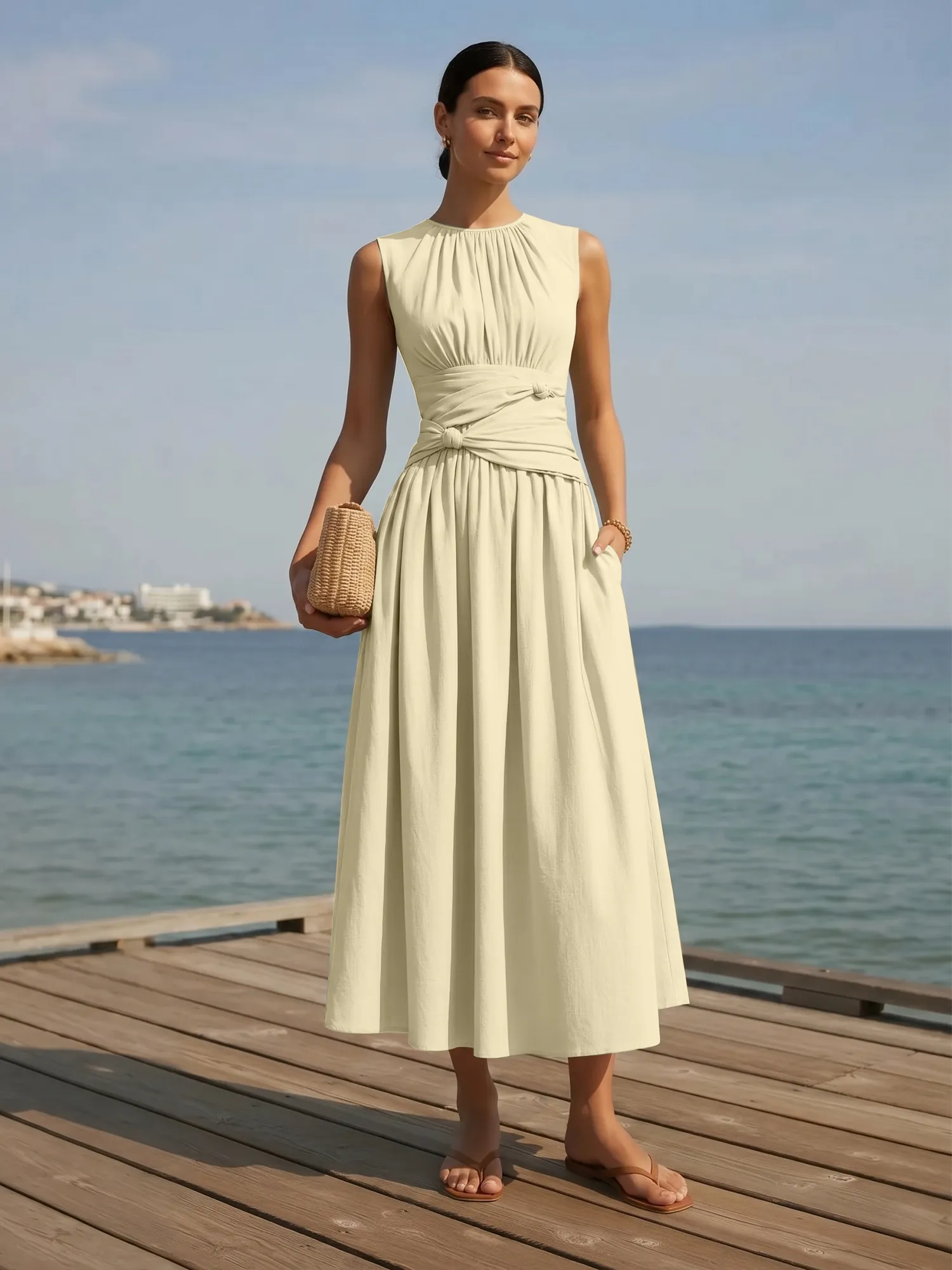 Sleeveless Round Neck Waist-Knot Midi Evening Dress