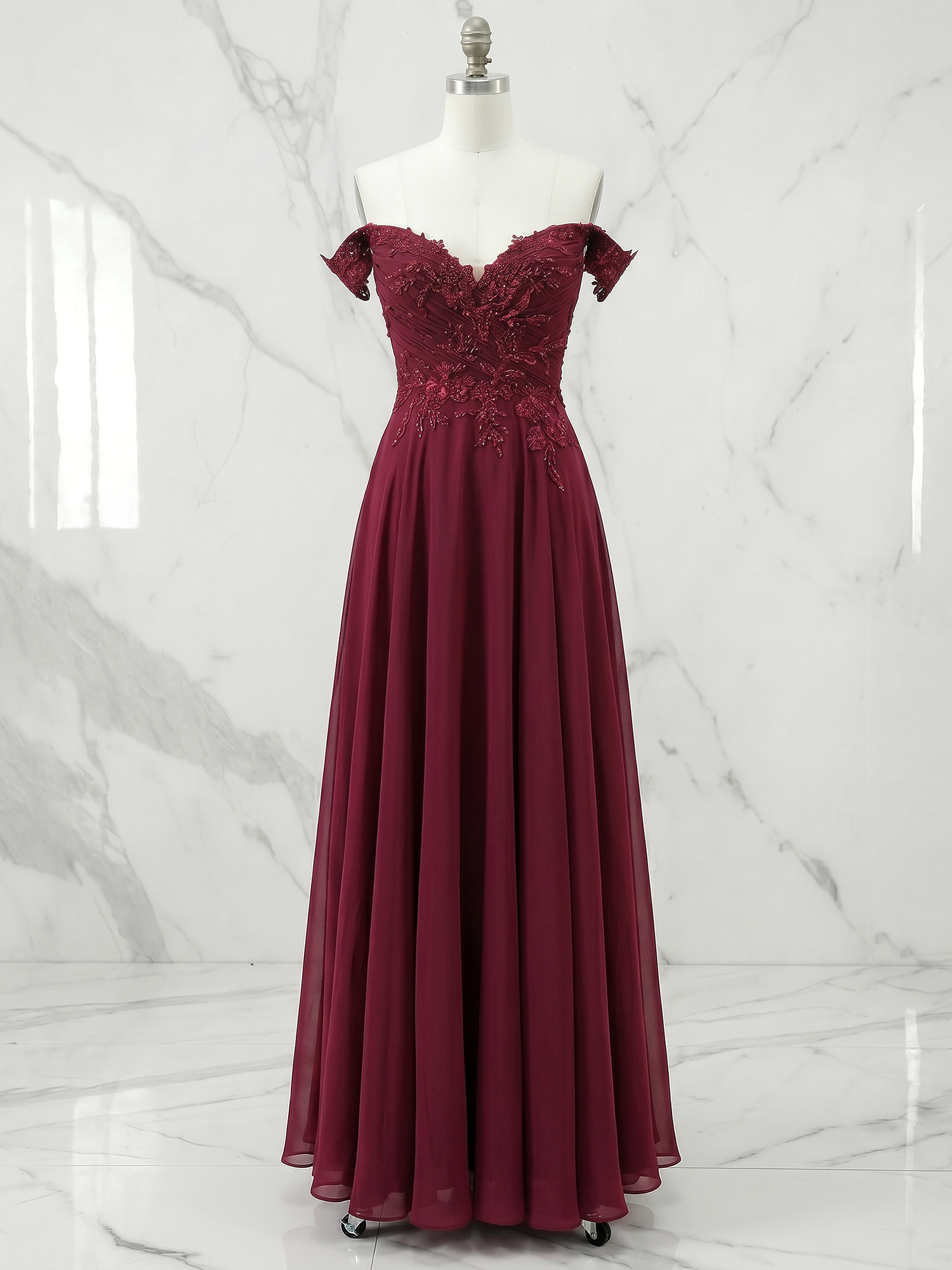 Burgundy Off-the-Shoulder Lace Appliqué Chiffon A-Line Evening Gown