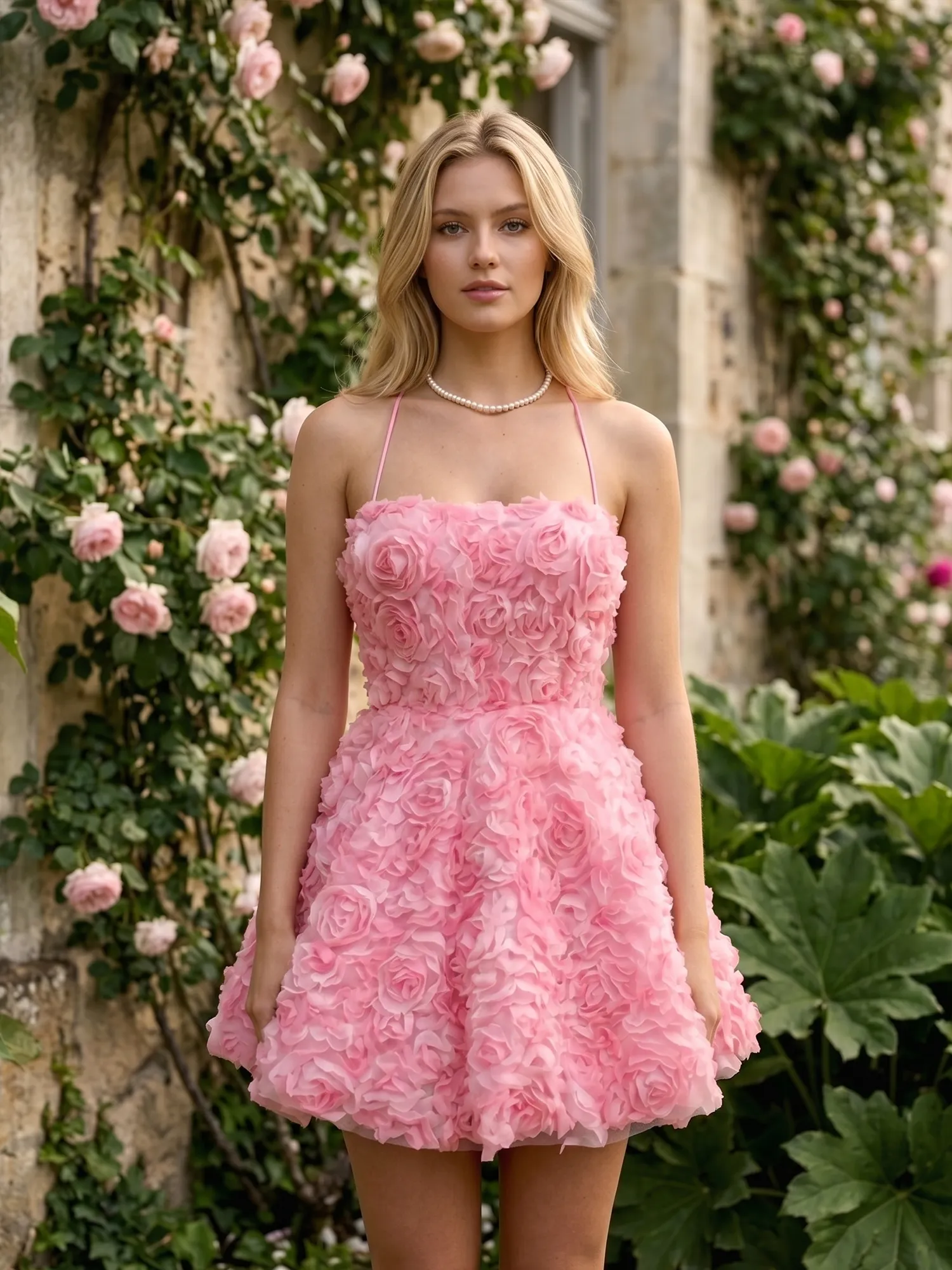 Strapless 3D Rose Floral A-Line Homecoming Dress with Lace-Up Back