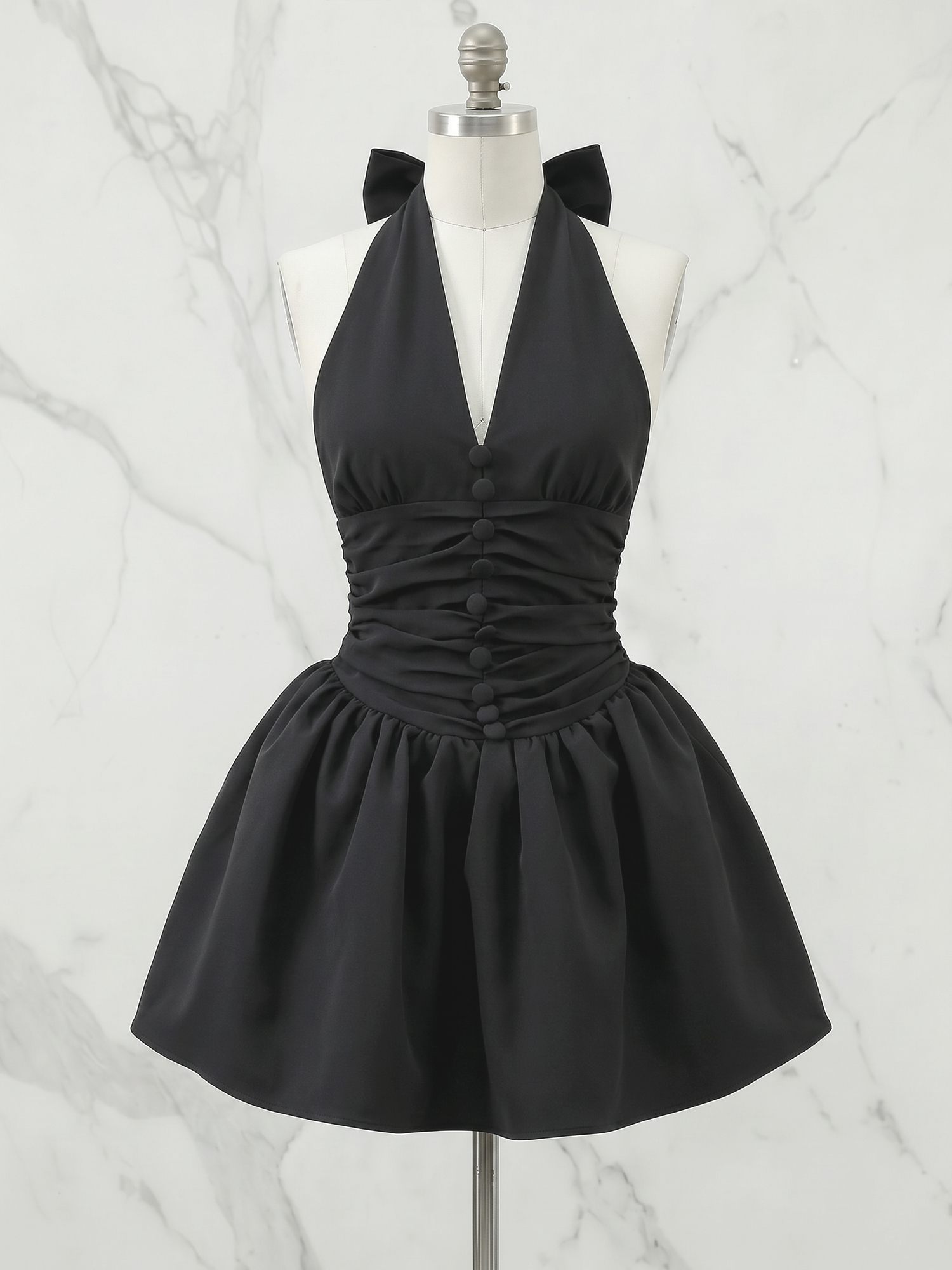 Black Halter V-Neck Ruched Homecoming Dress with Statement Bow Back