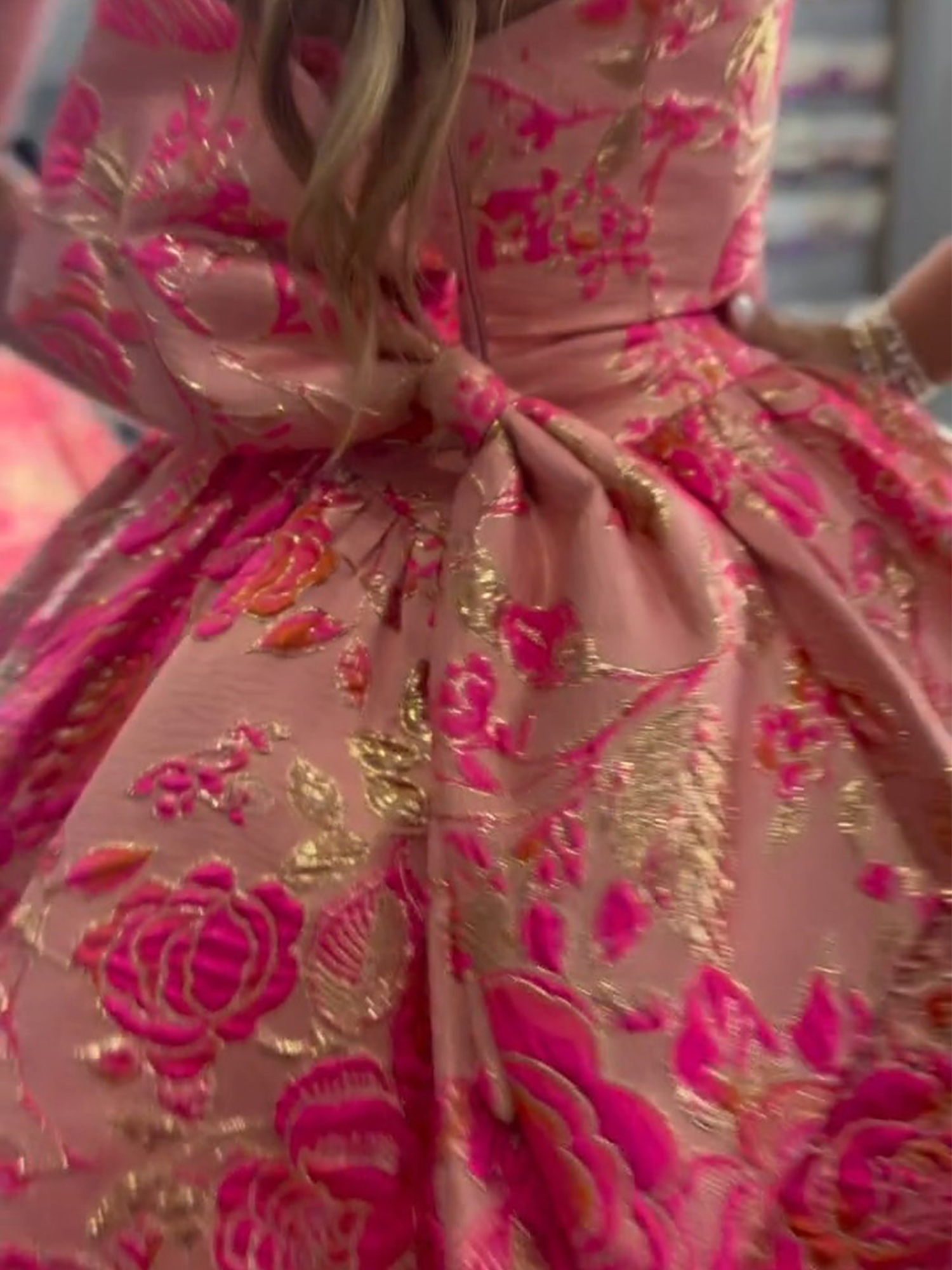 Fuchsia Floral Jacquard Spaghetti Strap Homecoming Dress with Bow