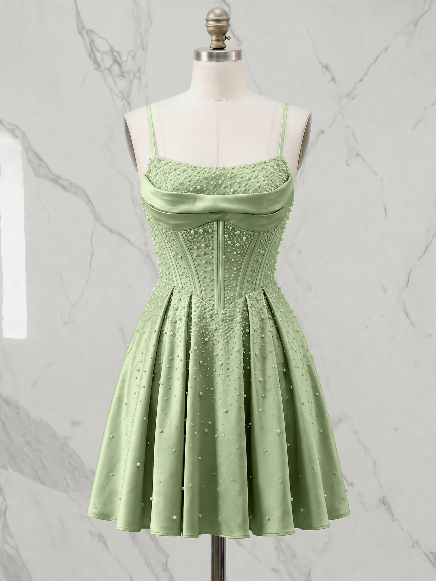 Green Pearl Corset Flared Mini Dress Homecoming Dress