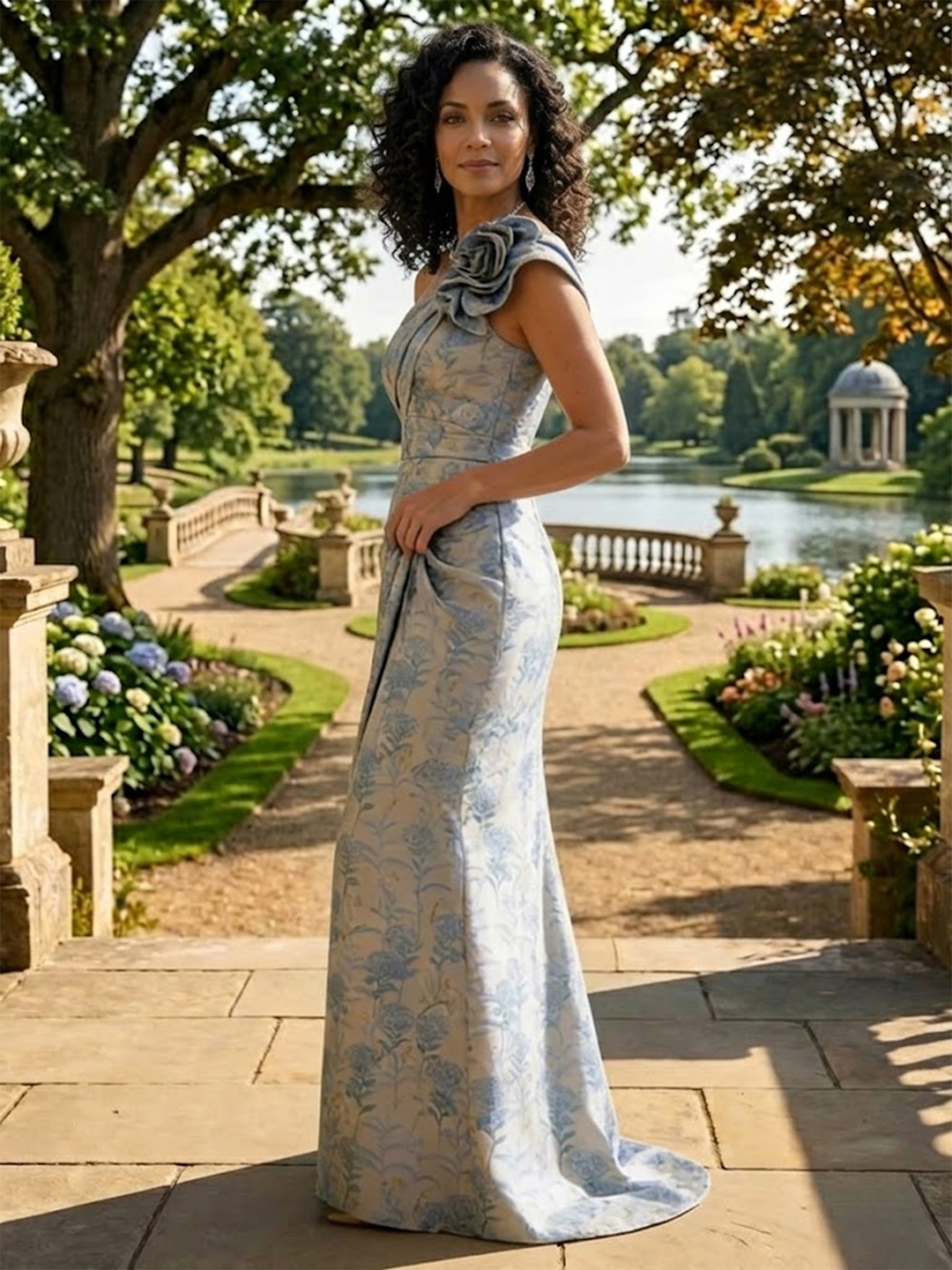 Blue One Shoulder Floor-Length Mother of the Bride Dresses with Flower 