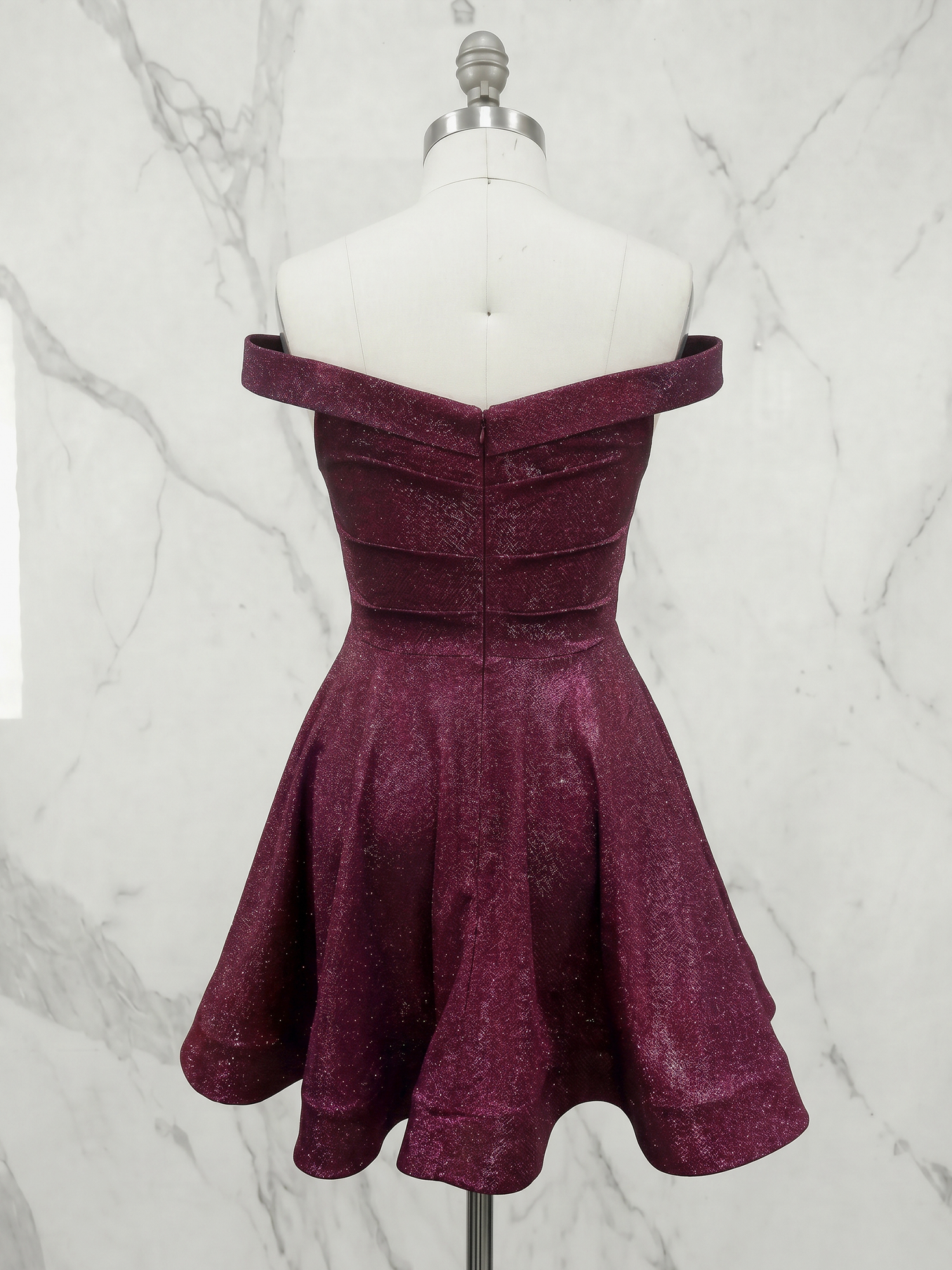Radiant Magenta Shimmer Off-The-Shoulder Ruched Skater Homecoming Dress