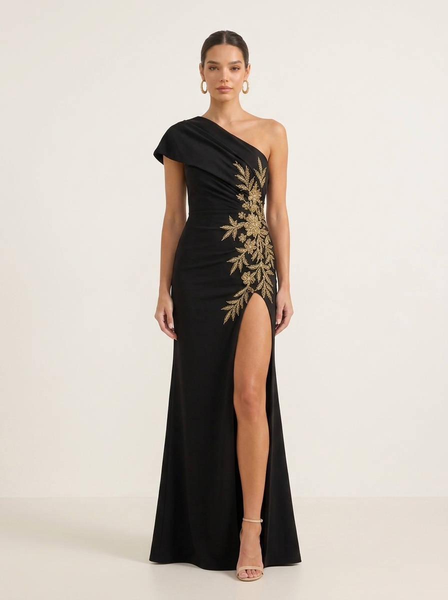 Sophisticated Gold-Embellished One-Shoulder Evening Dress With Slit