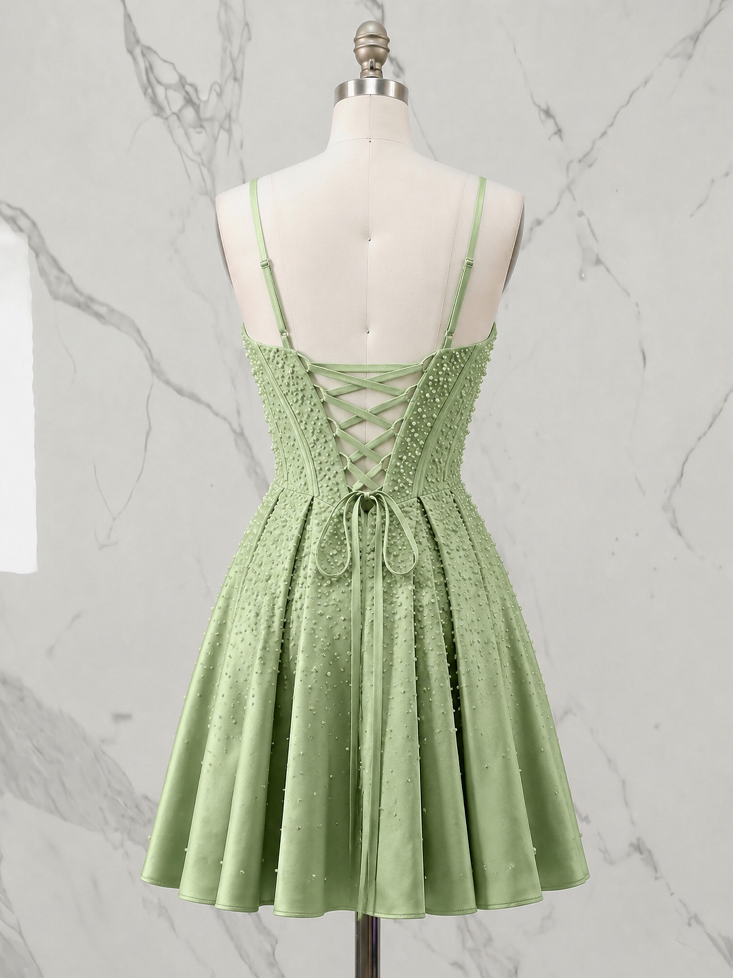 Green Pearl Corset Flared Mini Dress Homecoming Dress