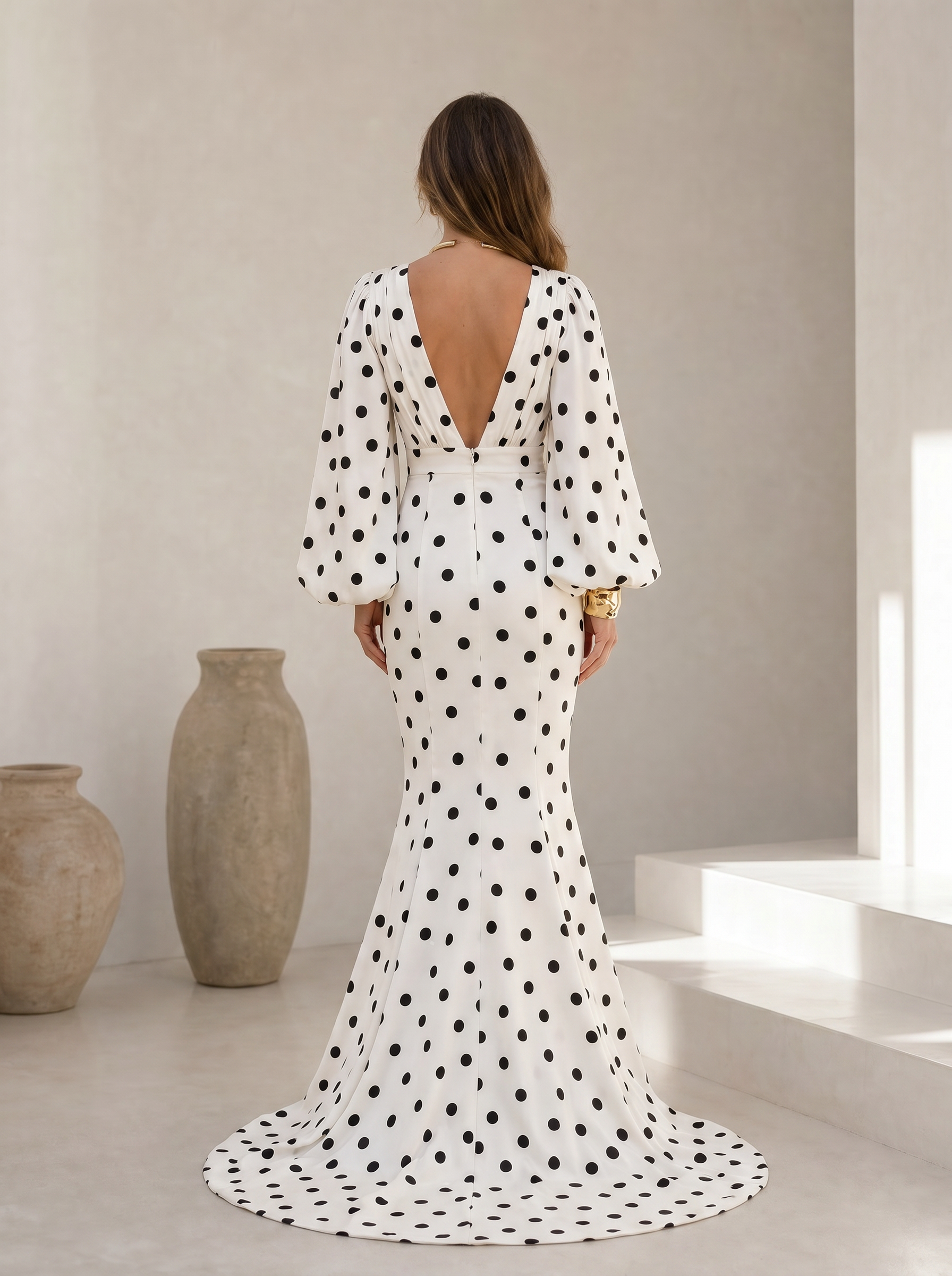 Timeless White And Black Polka-Dot Balloon-Sleeve Maxi Formal Evening Dress 