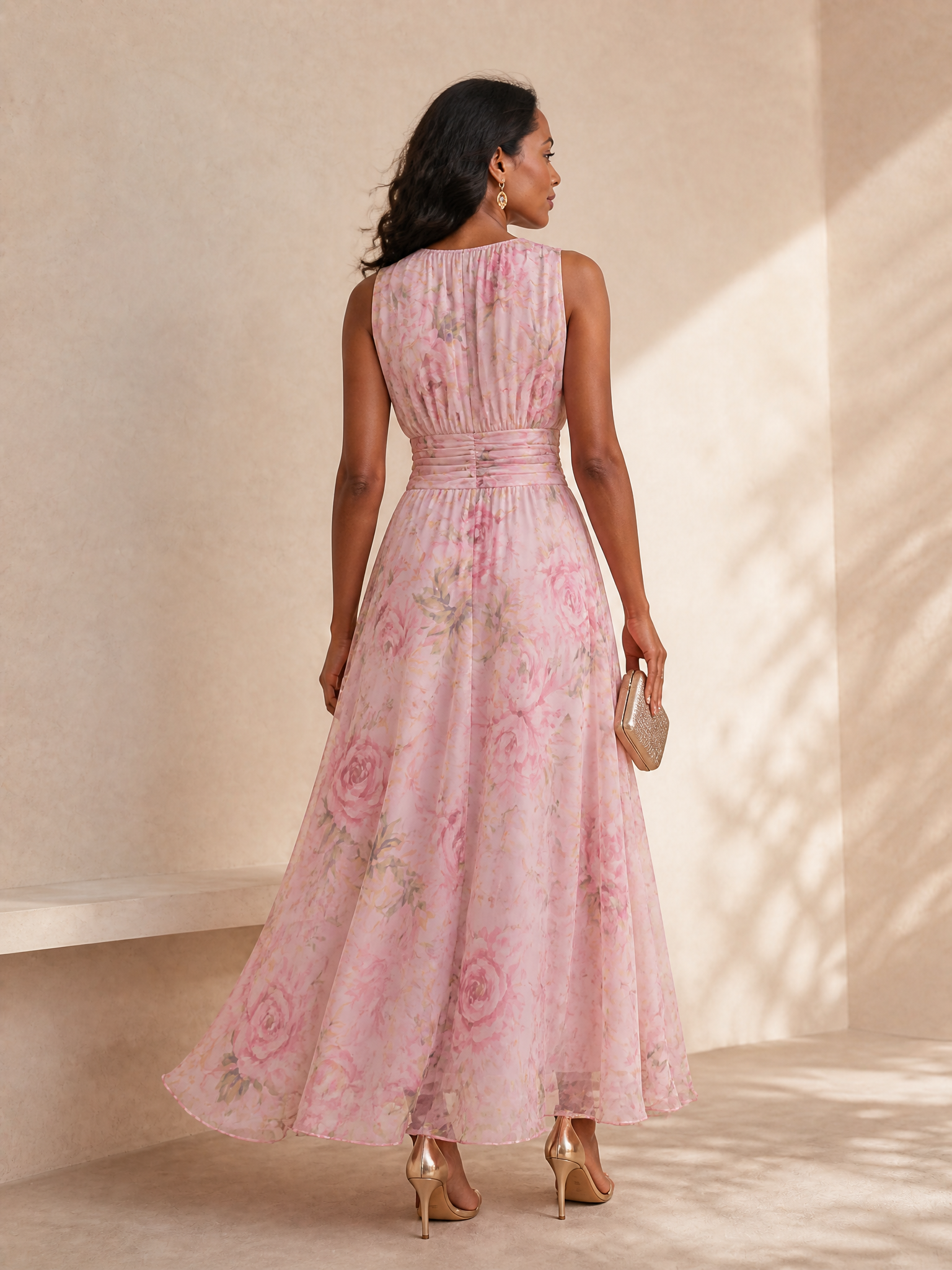 Luminous Pink Floral Chiffon Crew-Neck A-Line Formal Evening Dress