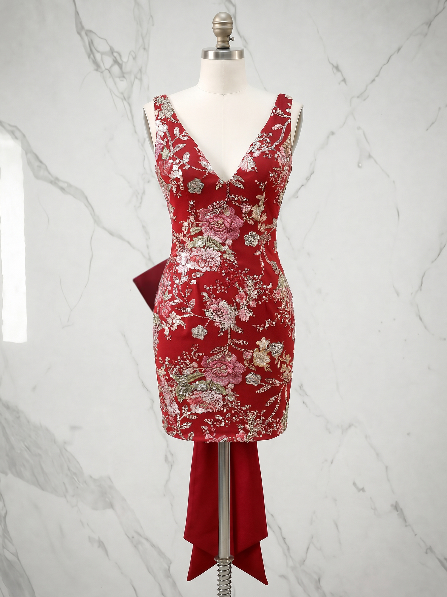 White Floral Embroidered Deep V-Neck Homecoming Dress with Oversized Bow Train