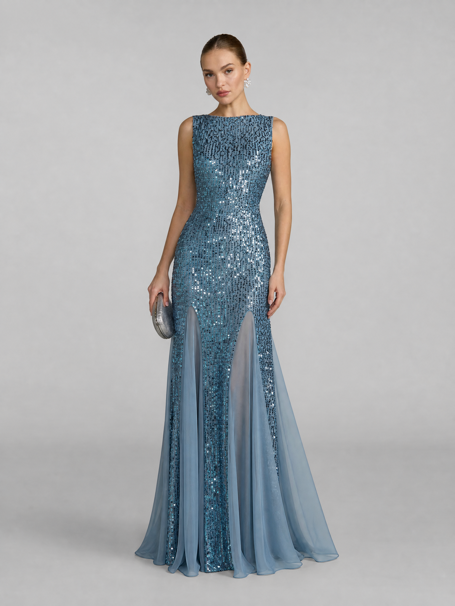 Luminous Steel Blue Sequin Slit Sheath Formal Evening Dress 