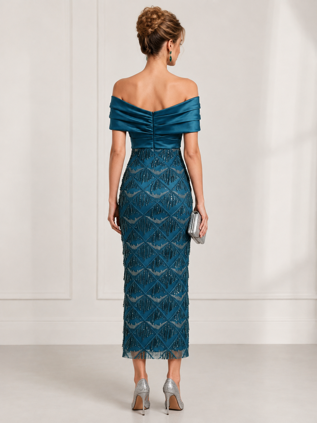 Peacock Blue Folded Off-the-shoulder Sequin Sheath Midi Evening Gown Dress