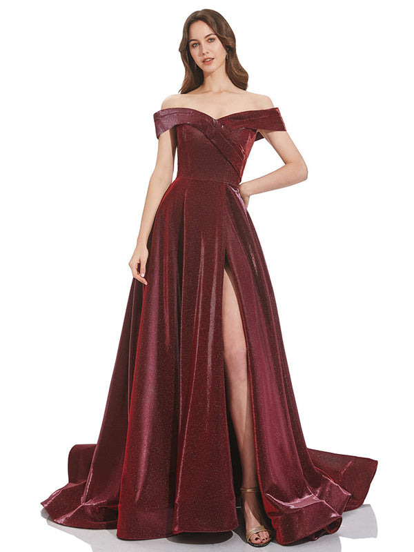 Burgundy A-Line Off the Shoulder Long Bridesmaid Dress With Slit