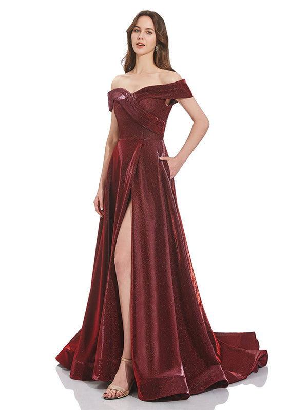 Burgundy A-Line Off the Shoulder Long Bridesmaid Dress With Slit