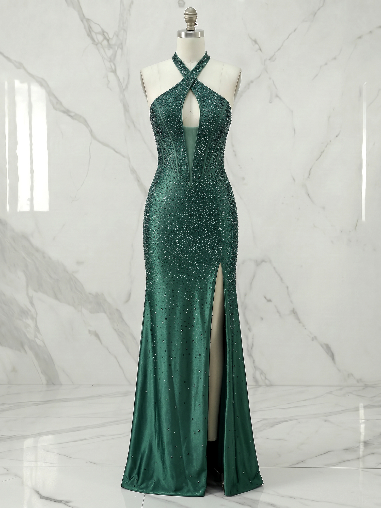 Sultry Emerald Rhinestone Halter Corset Gown with High Slit