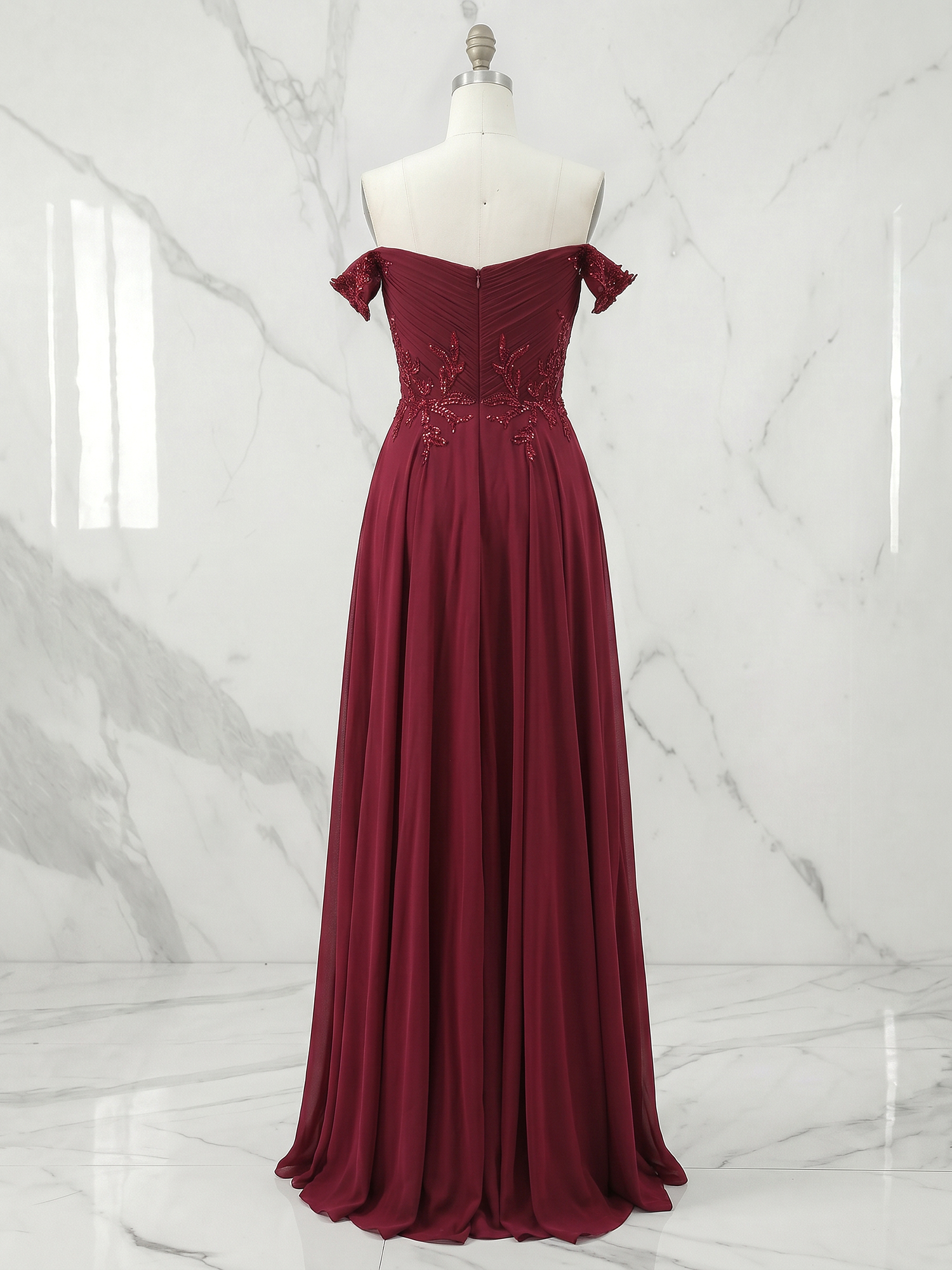 Burgundy Off-the-Shoulder Lace Appliqué Chiffon A-Line Evening Gown